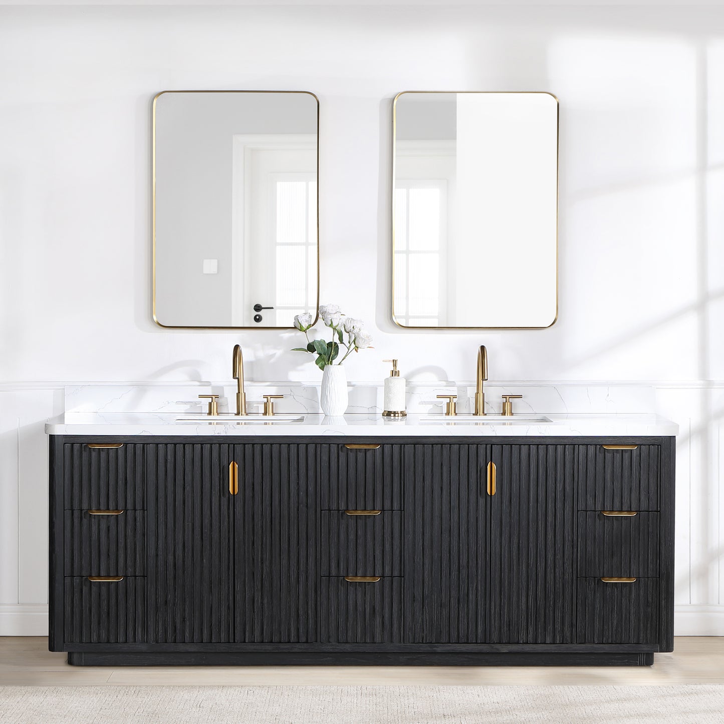 Vinnova, Cádiz 84in. Free-standing Double Bathroom Vanity in Fir Wood Black with Composite top in Lightning White and Mirror
