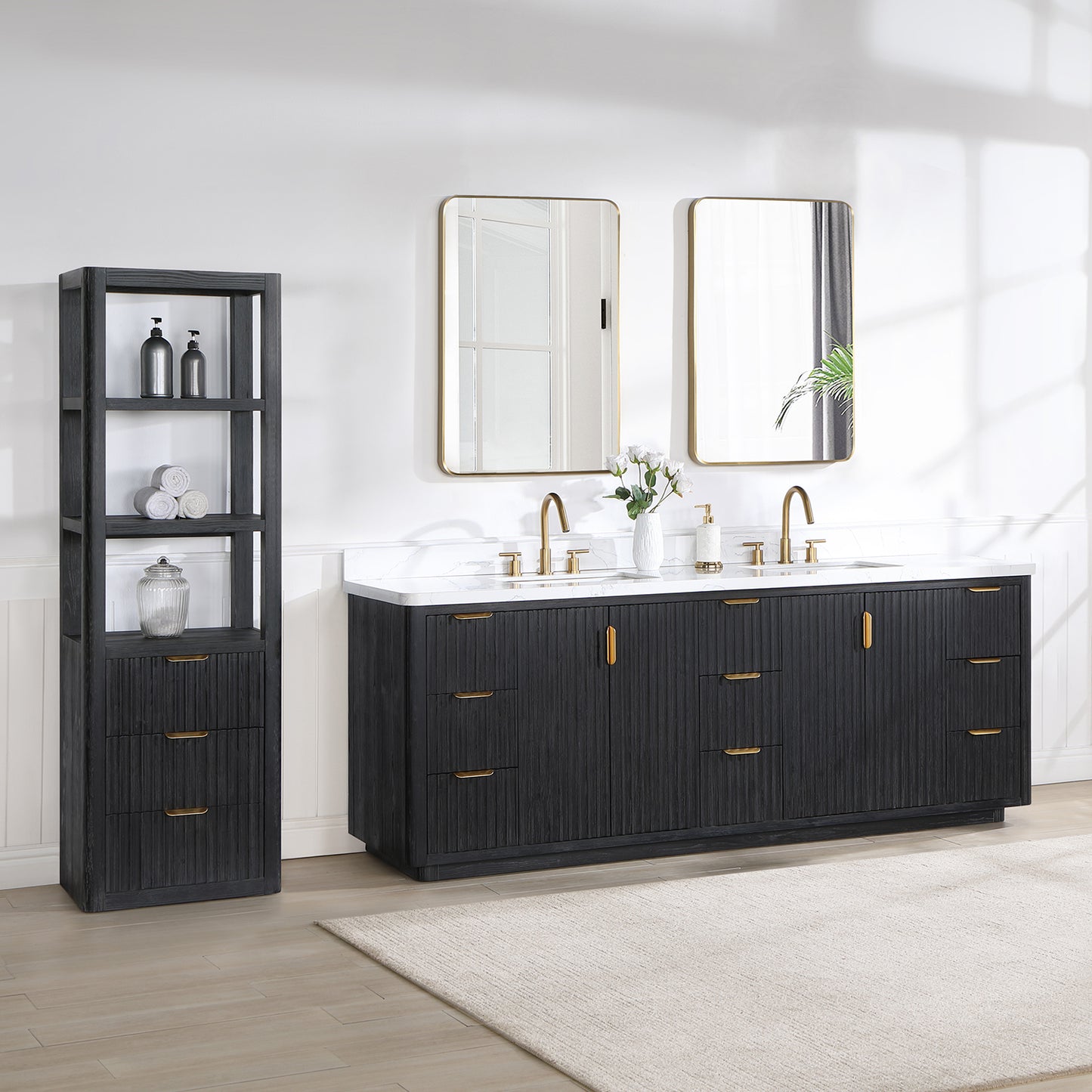 Vinnova, Cádiz 84in. Free-standing Double Bathroom Vanity in Fir Wood Black with Composite top in Lightning White and Mirror