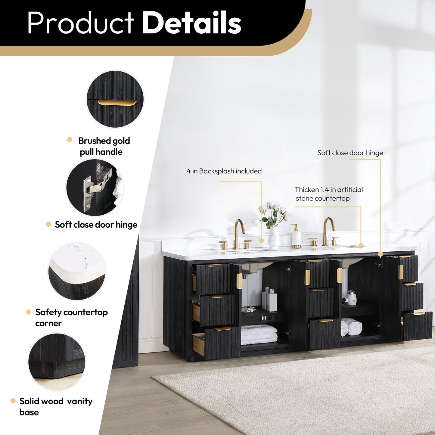 Vinnova, Cádiz 84in. Free-standing Double Bathroom Vanity in Fir Wood Black with Composite top in Lightning White and Mirror