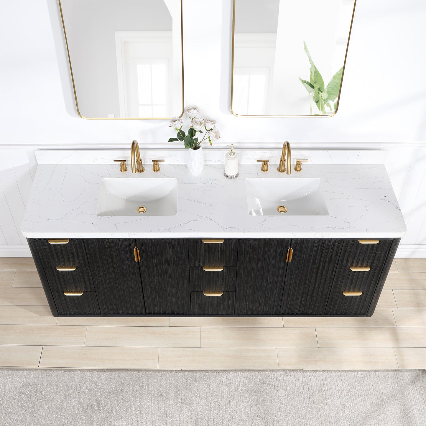 Vinnova, Cádiz 84in. Free-standing Double Bathroom Vanity in Fir Wood Black with Composite top in Lightning White and Mirror