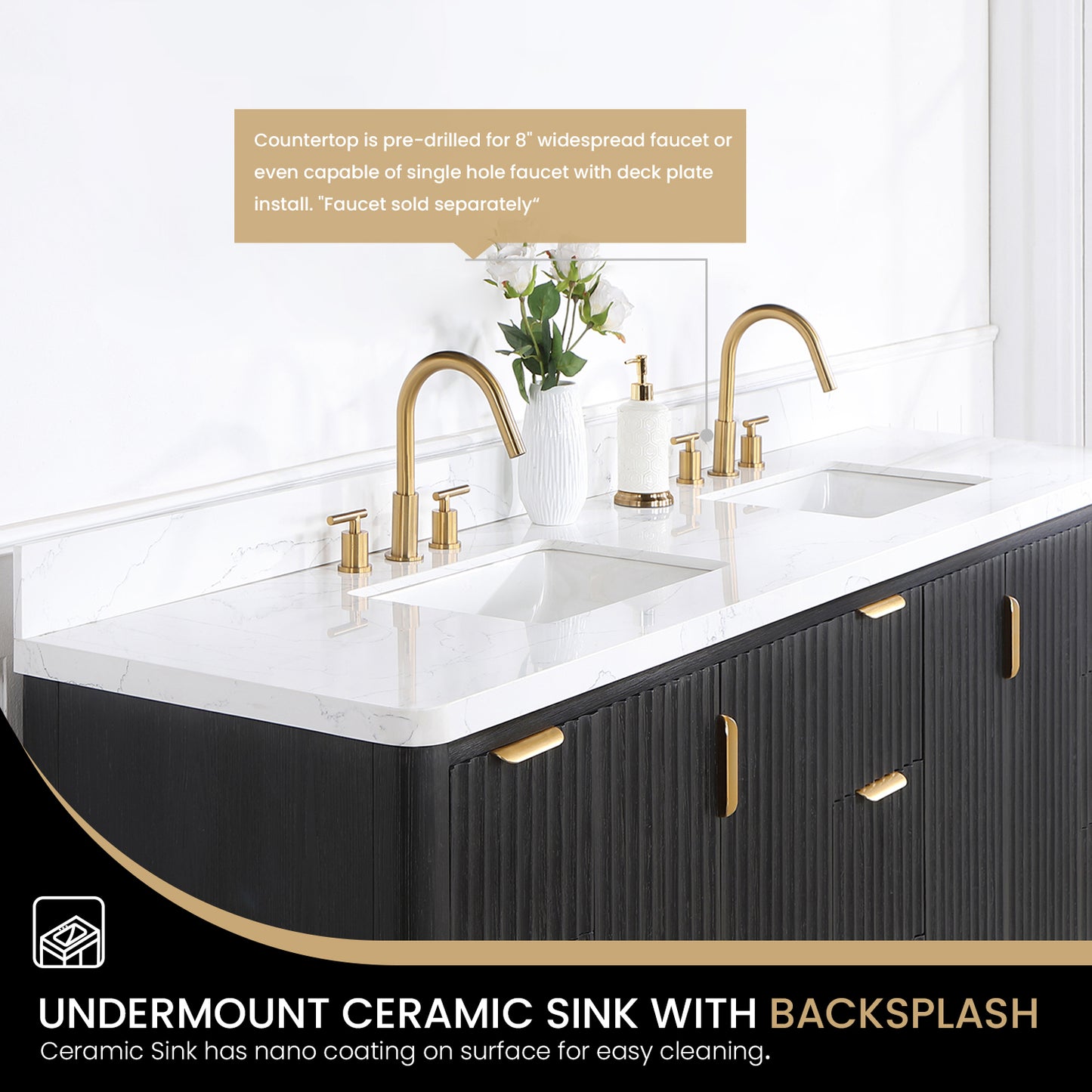 Vinnova, Cádiz 84in. Free-standing Double Bathroom Vanity in Fir Wood Black with Composite top in Lightning White and Mirror