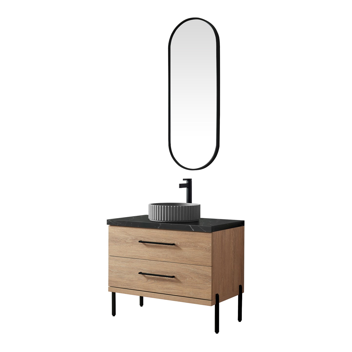 Vinnova, Trento 36B" Single Sink Bath Vanity in North American Oak with Black Sintered Stone Top with Concrete Sink and Mirror