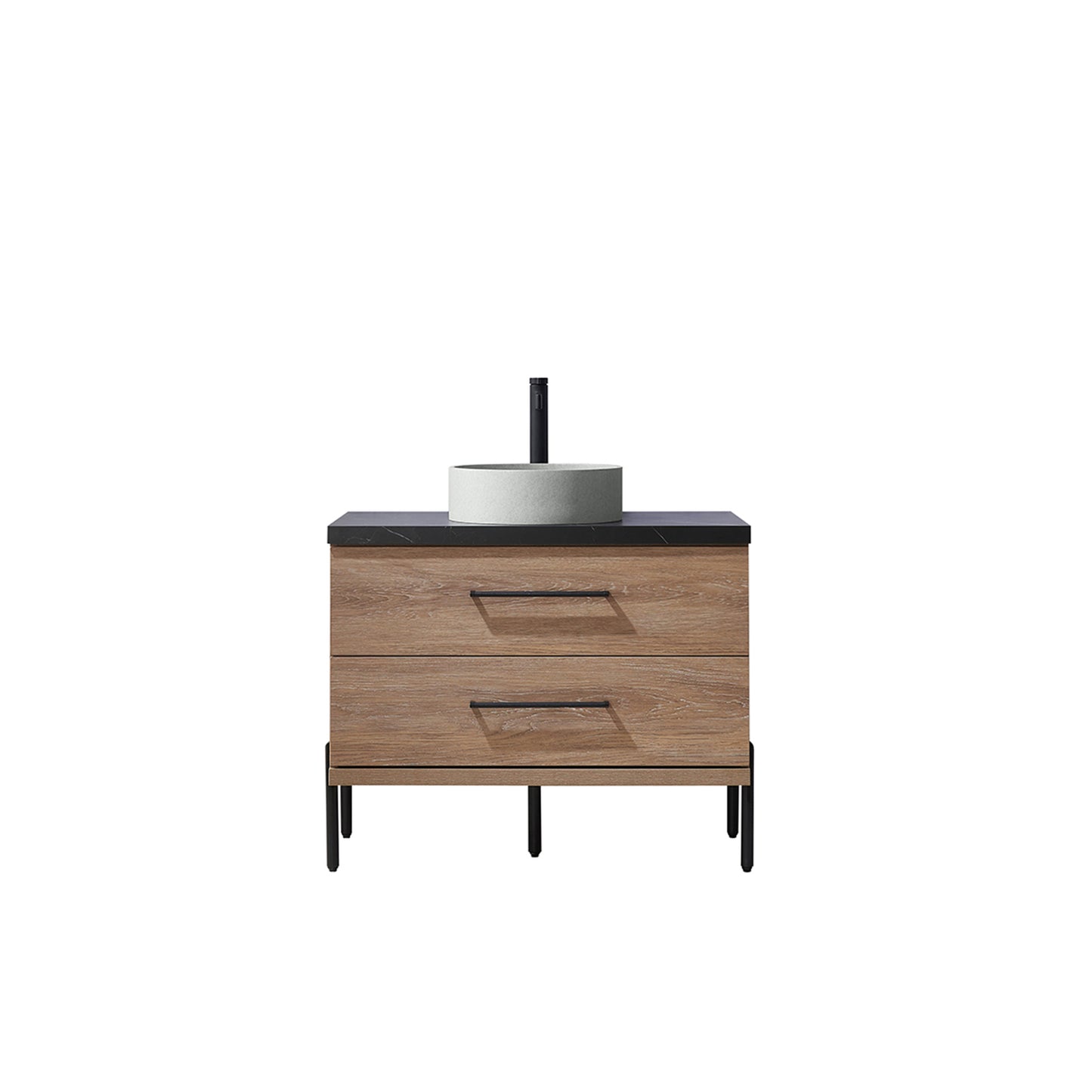 Vinnova, Trento 36" Single Sink Bath Vanity in North American Oak with Black Sintered Stone Top with Concrete Sink