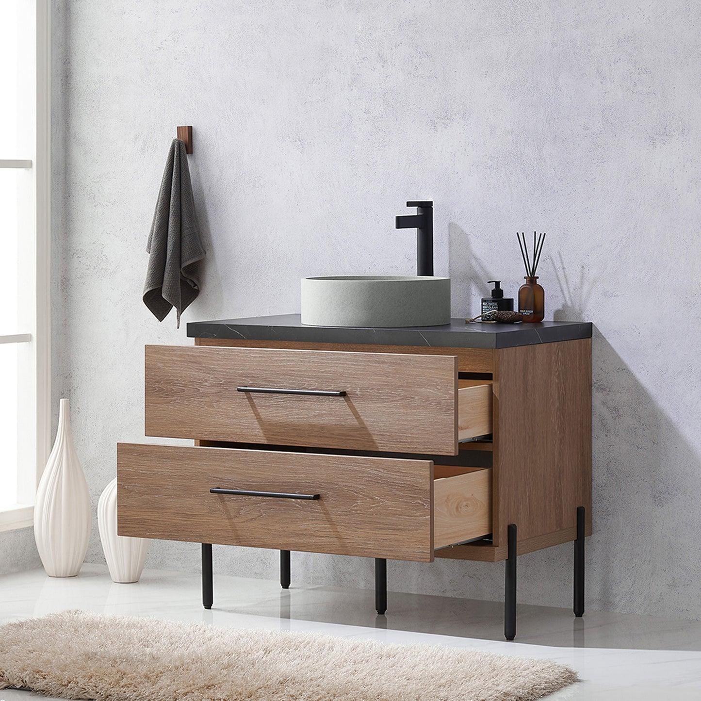 Vinnova, Trento 36" Single Sink Bath Vanity in North American Oak with Black Sintered Stone Top with Concrete Sink