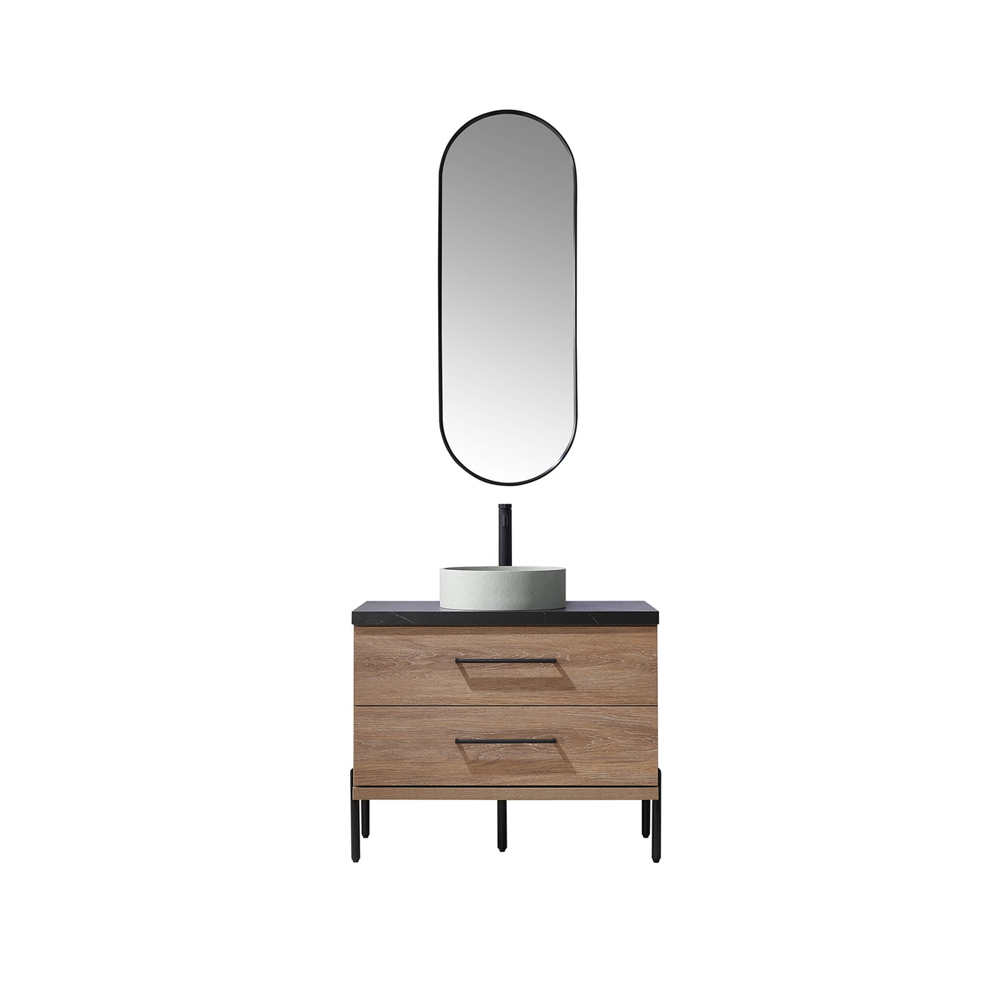 Vinnova, Trento 36" Single Sink Bath Vanity in North American Oak with Black Sintered Stone Top with Concrete Sink and Mirror