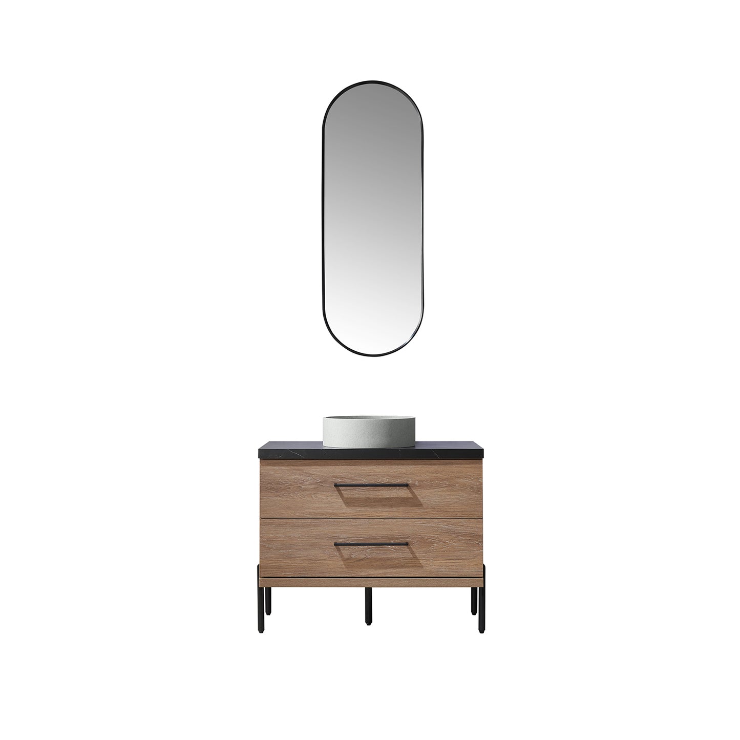 Vinnova, Trento 36" Single Sink Bath Vanity in North American Oak with Black Sintered Stone Top with Concrete Sink and Mirror