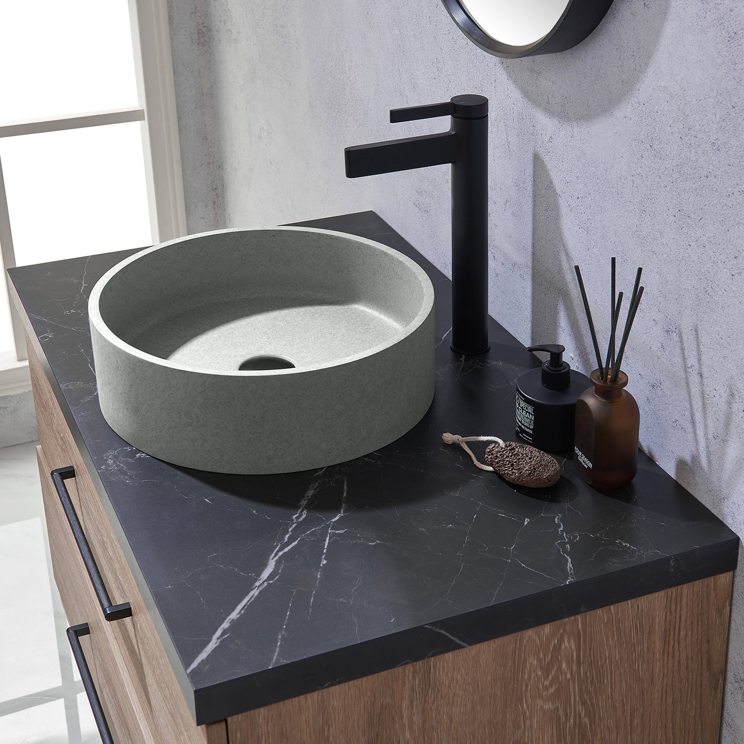 Vinnova, Trento 36" Single Sink Bath Vanity in North American Oak with Black Sintered Stone Top with Concrete Sink and Mirror