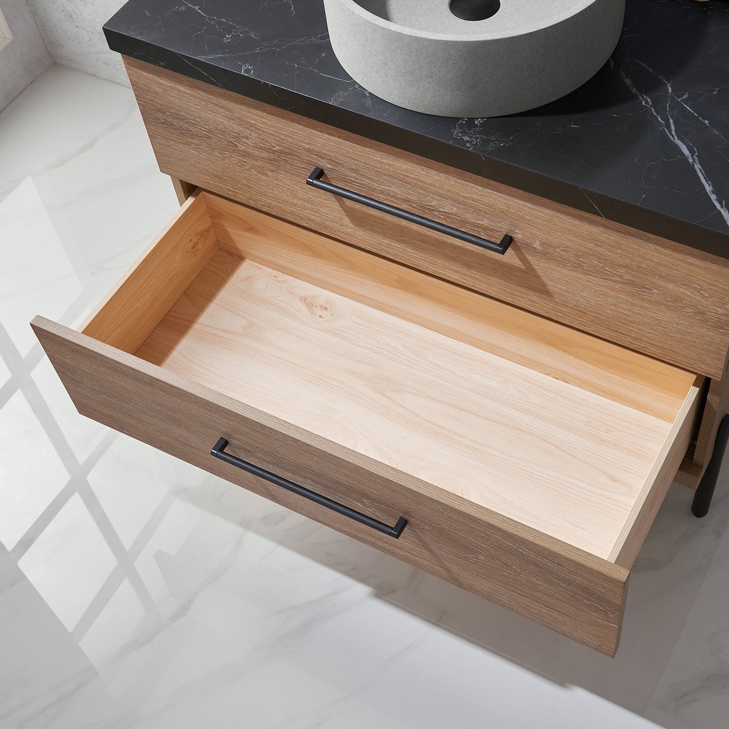 Vinnova, Trento 36" Single Sink Bath Vanity in North American Oak with Black Sintered Stone Top with Concrete Sink and Mirror