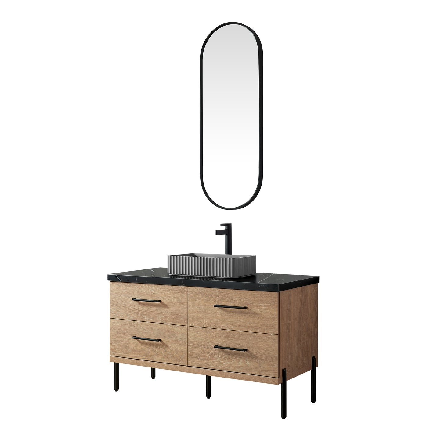 Vinnova, Trento 48A" Single Sink Bath Vanity in North American Oak with Black Sintered Stone Top with Concrete Sink and Mirror