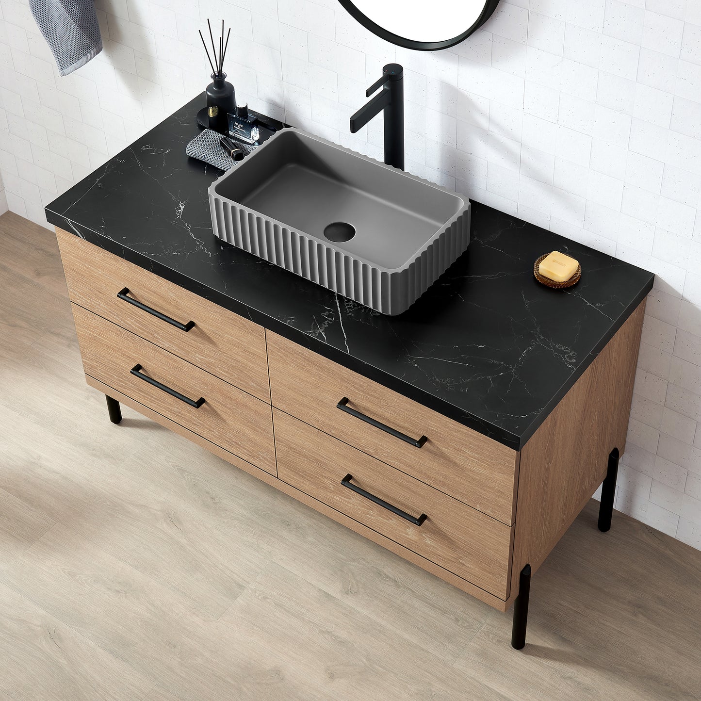 Vinnova, Trento 48A" Single Sink Bath Vanity in North American Oak with Black Sintered Stone Top with Concrete Sink and Mirror