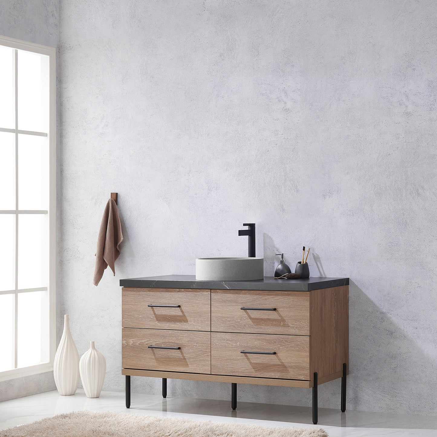 Vinnova, Trento 48" Single Sink Bath Vanity in North American Oak with Black Sintered Stone Top with Concrete Sink