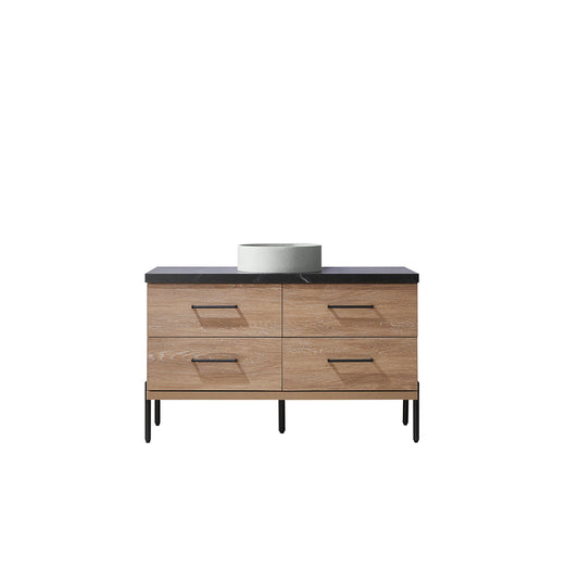 Vinnova, Trento 48" Single Sink Bath Vanity in North American Oak with Black Sintered Stone Top with Concrete Sink