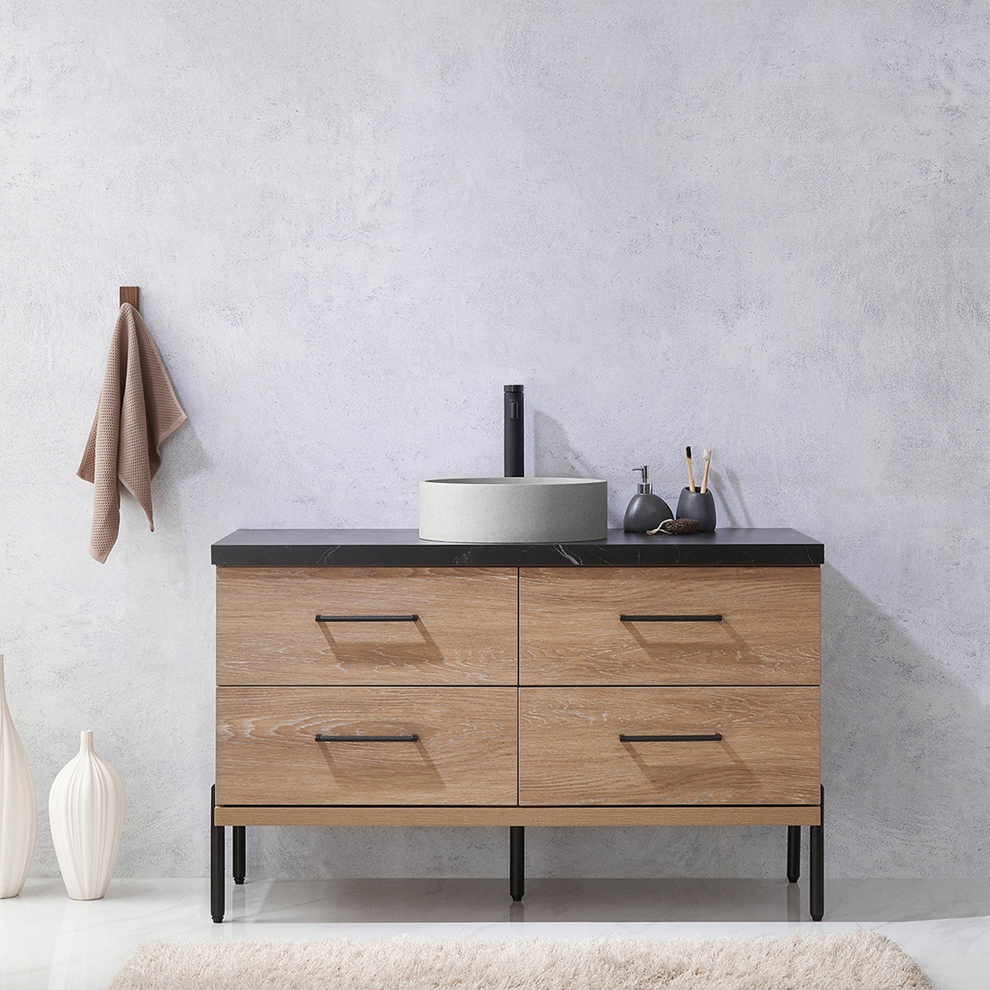 Vinnova, Trento 48" Single Sink Bath Vanity in North American Oak with Black Sintered Stone Top with Concrete Sink