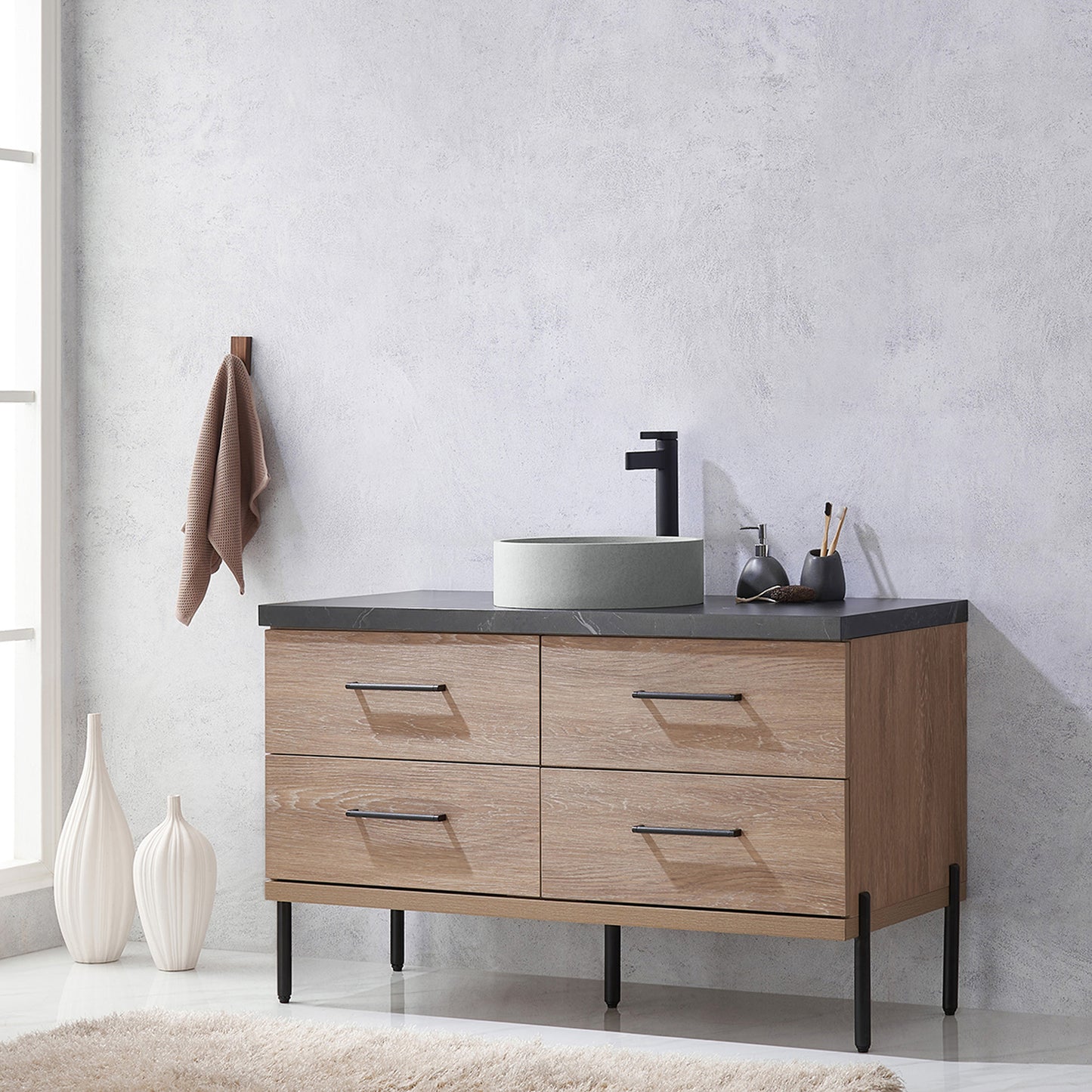 Vinnova, Trento 48" Single Sink Bath Vanity in North American Oak with Black Sintered Stone Top with Concrete Sink