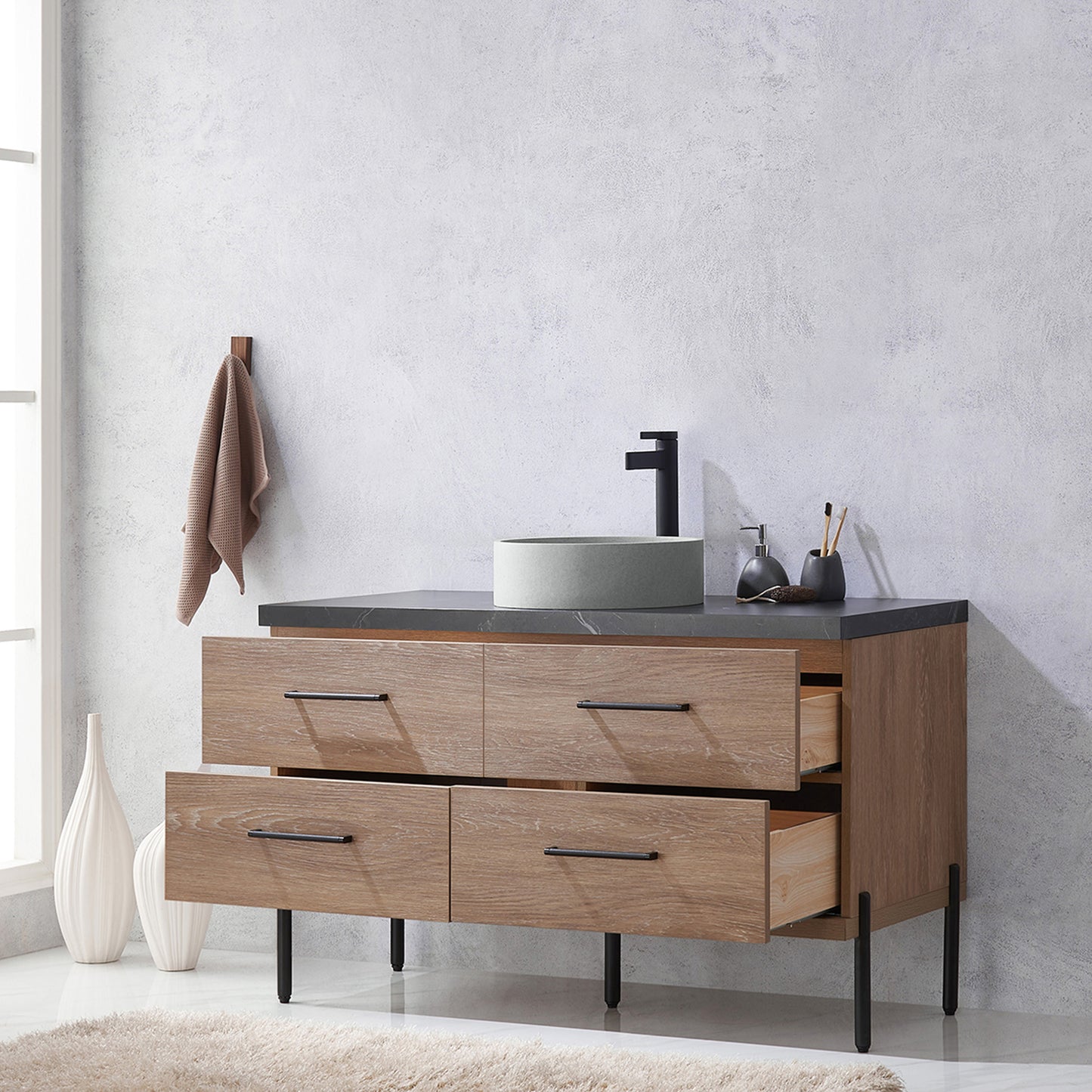 Vinnova, Trento 48" Single Sink Bath Vanity in North American Oak with Black Sintered Stone Top with Concrete Sink