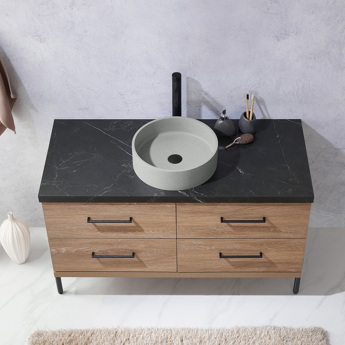Vinnova, Trento 48" Single Sink Bath Vanity in North American Oak with Black Sintered Stone Top with Concrete Sink