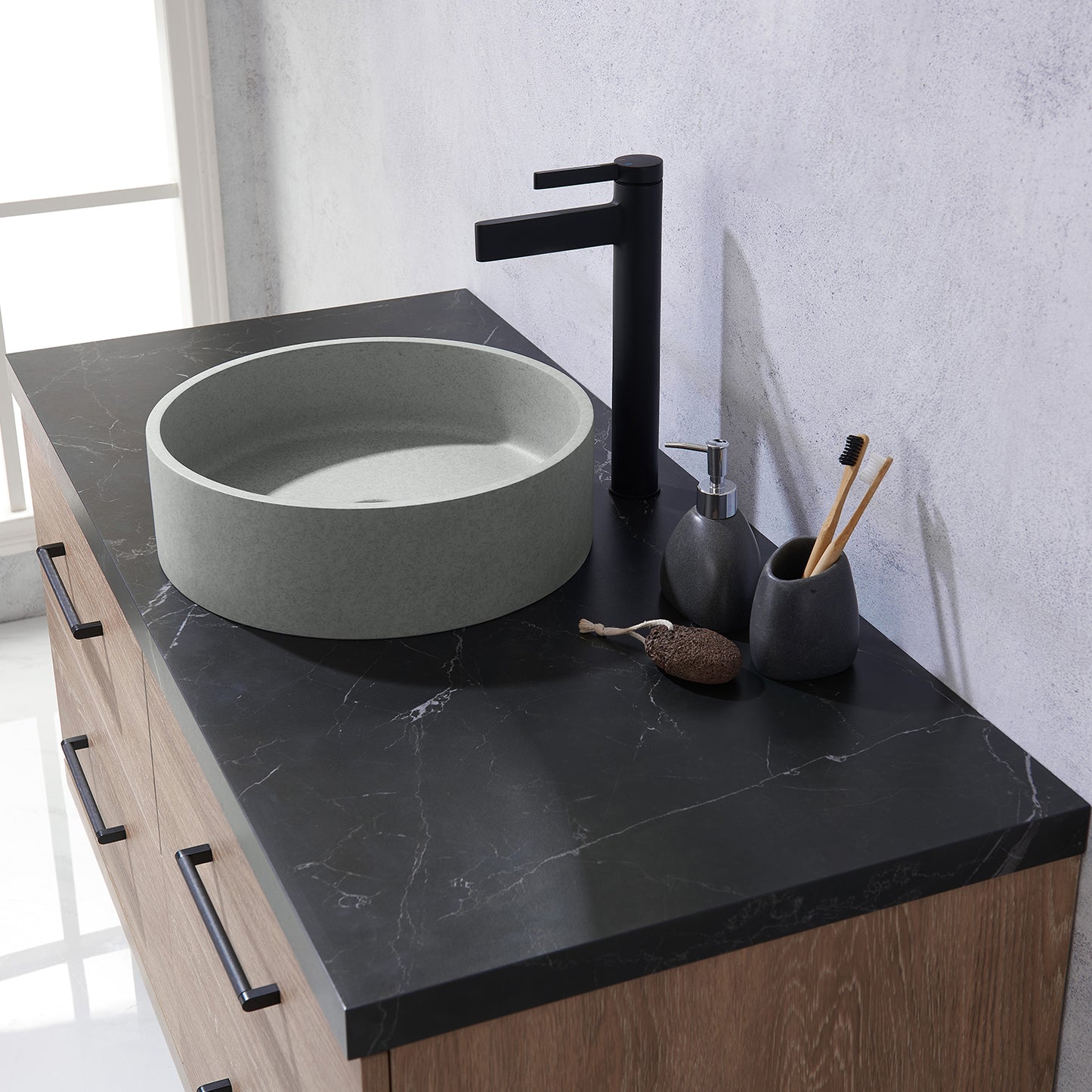 Vinnova, Trento 48" Single Sink Bath Vanity in North American Oak with Black Sintered Stone Top with Concrete Sink