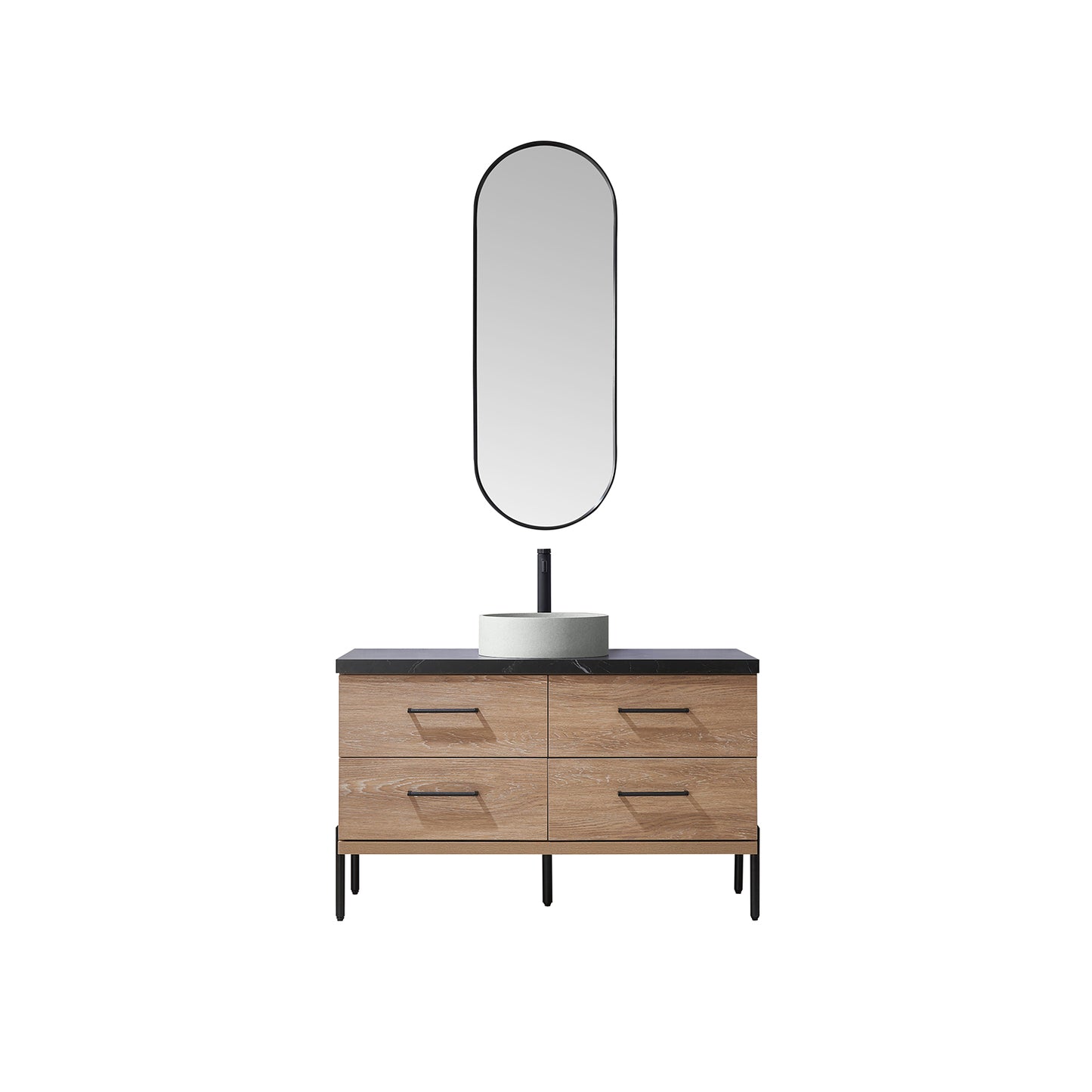 Vinnova, Trento 48" Single Sink Bath Vanity in North American Oak with Black Sintered Stone Top with Concrete Sink and Mirror