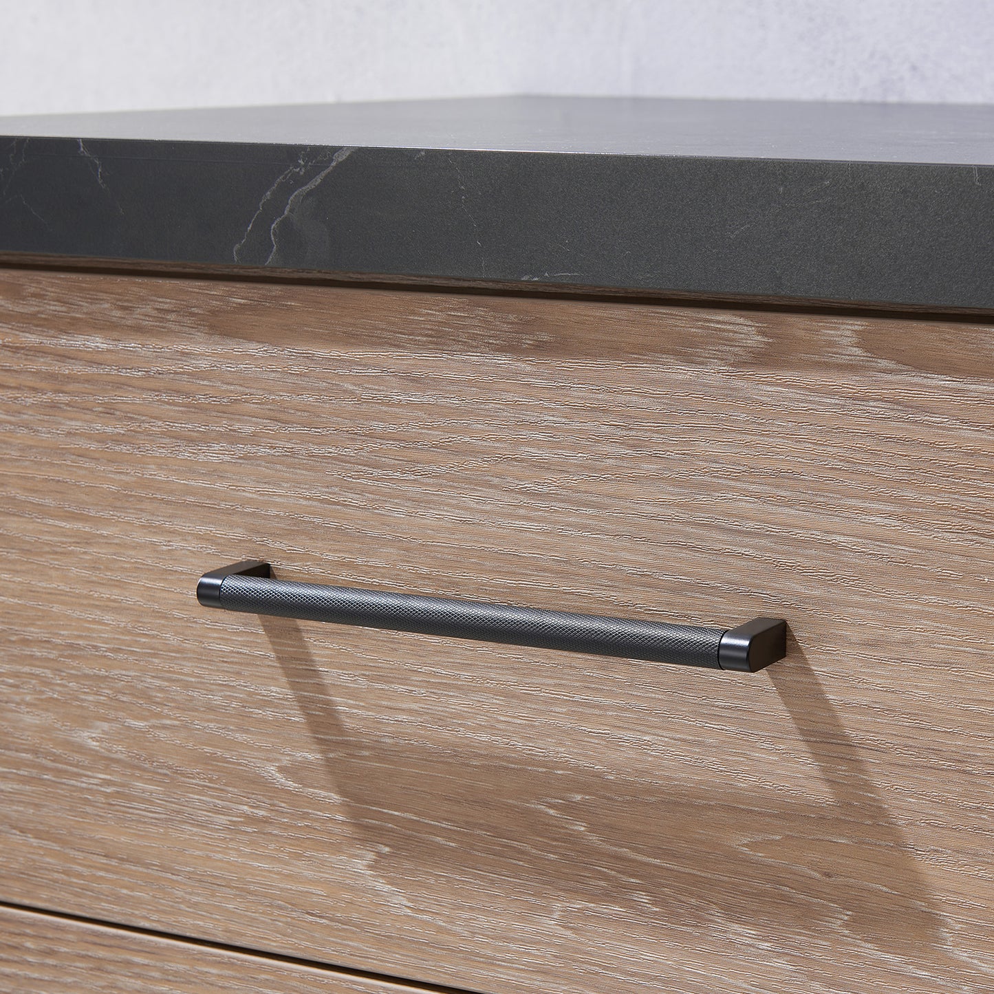 Vinnova, Trento 48" Single Sink Bath Vanity in North American Oak with Black Sintered Stone Top with Concrete Sink and Mirror