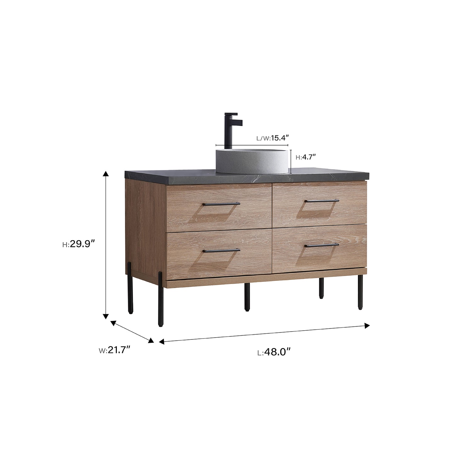 Vinnova, Trento 48" Single Sink Bath Vanity in North American Oak with Black Sintered Stone Top with Concrete Sink and Mirror