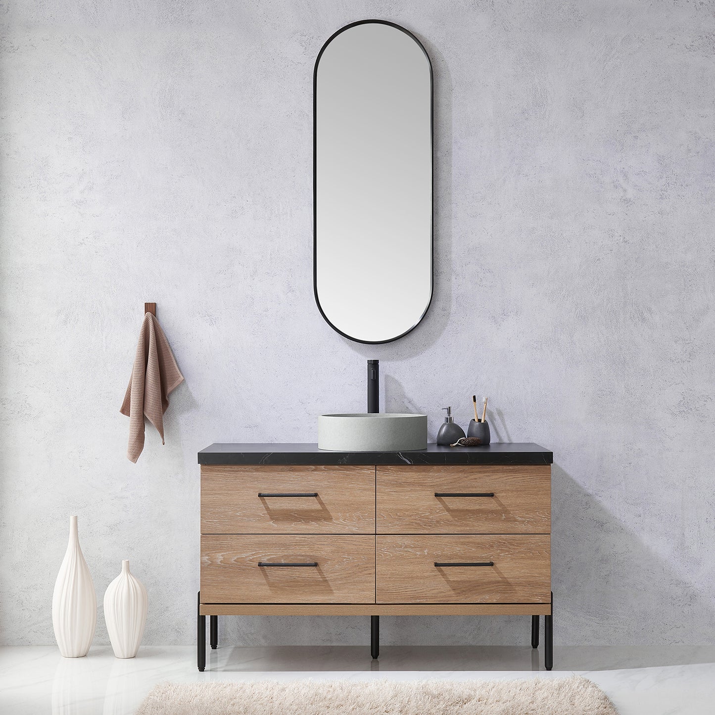 Vinnova, Trento 48" Single Sink Bath Vanity in North American Oak with Black Sintered Stone Top with Concrete Sink and Mirror