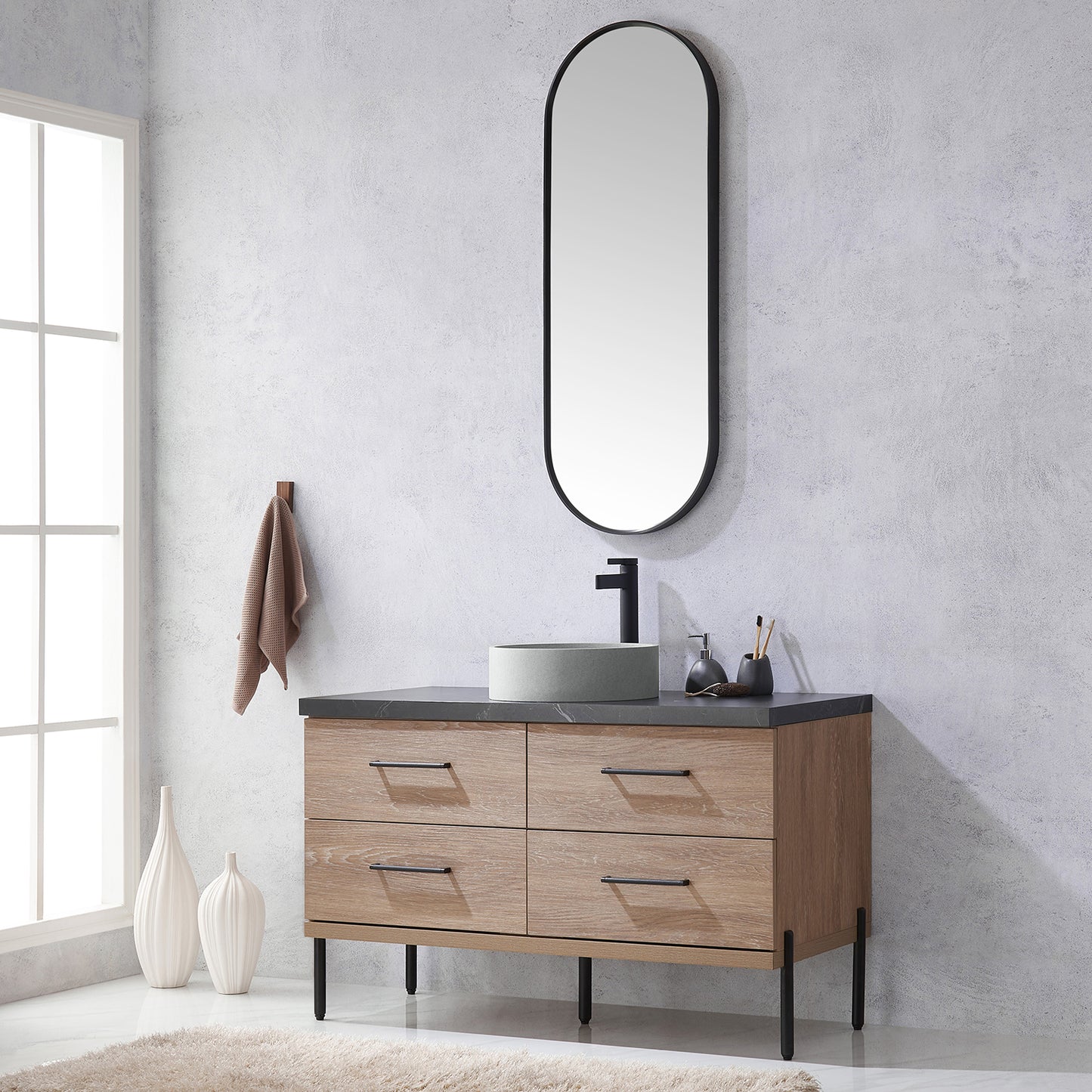 Vinnova, Trento 48" Single Sink Bath Vanity in North American Oak with Black Sintered Stone Top with Concrete Sink and Mirror