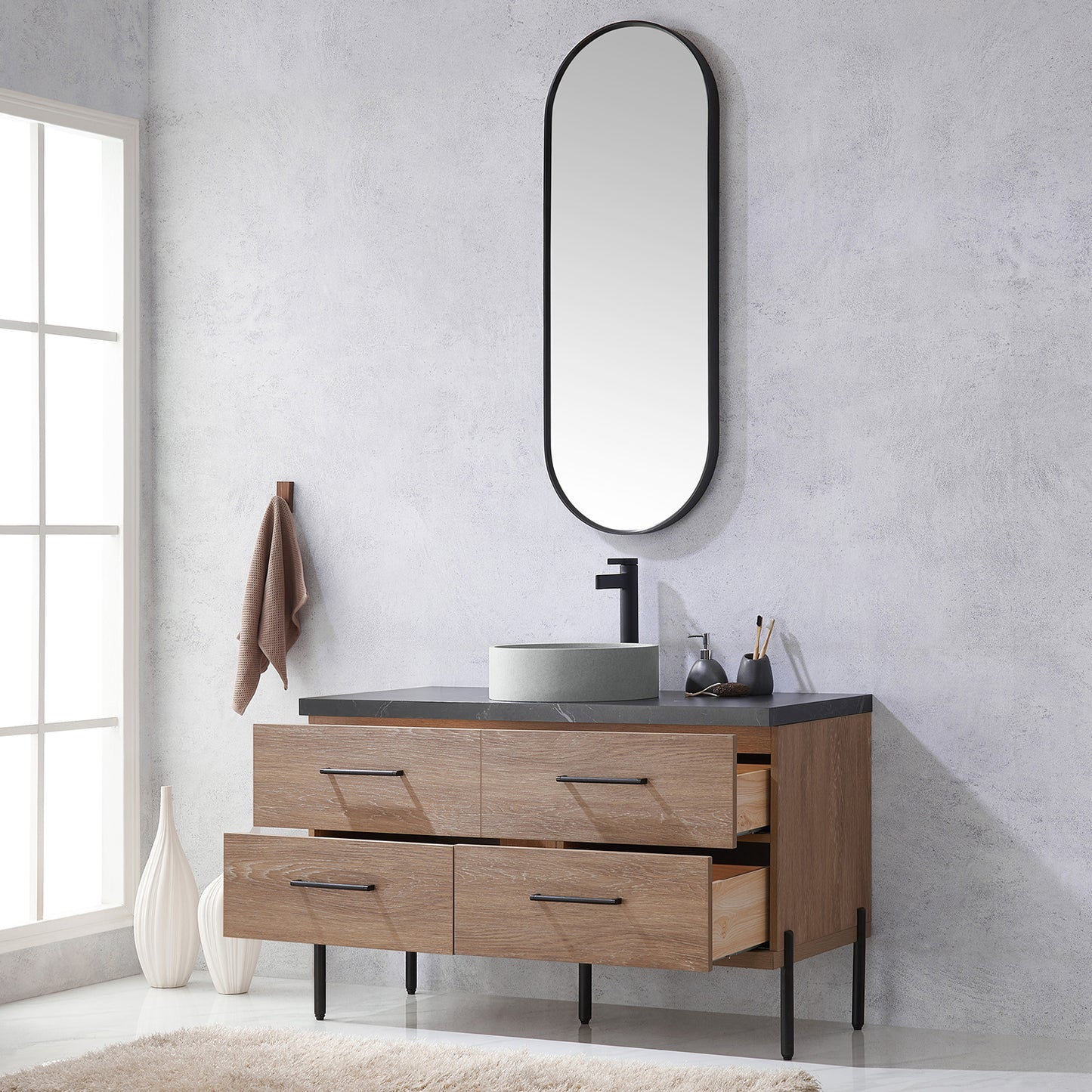 Vinnova, Trento 48" Single Sink Bath Vanity in North American Oak with Black Sintered Stone Top with Concrete Sink and Mirror