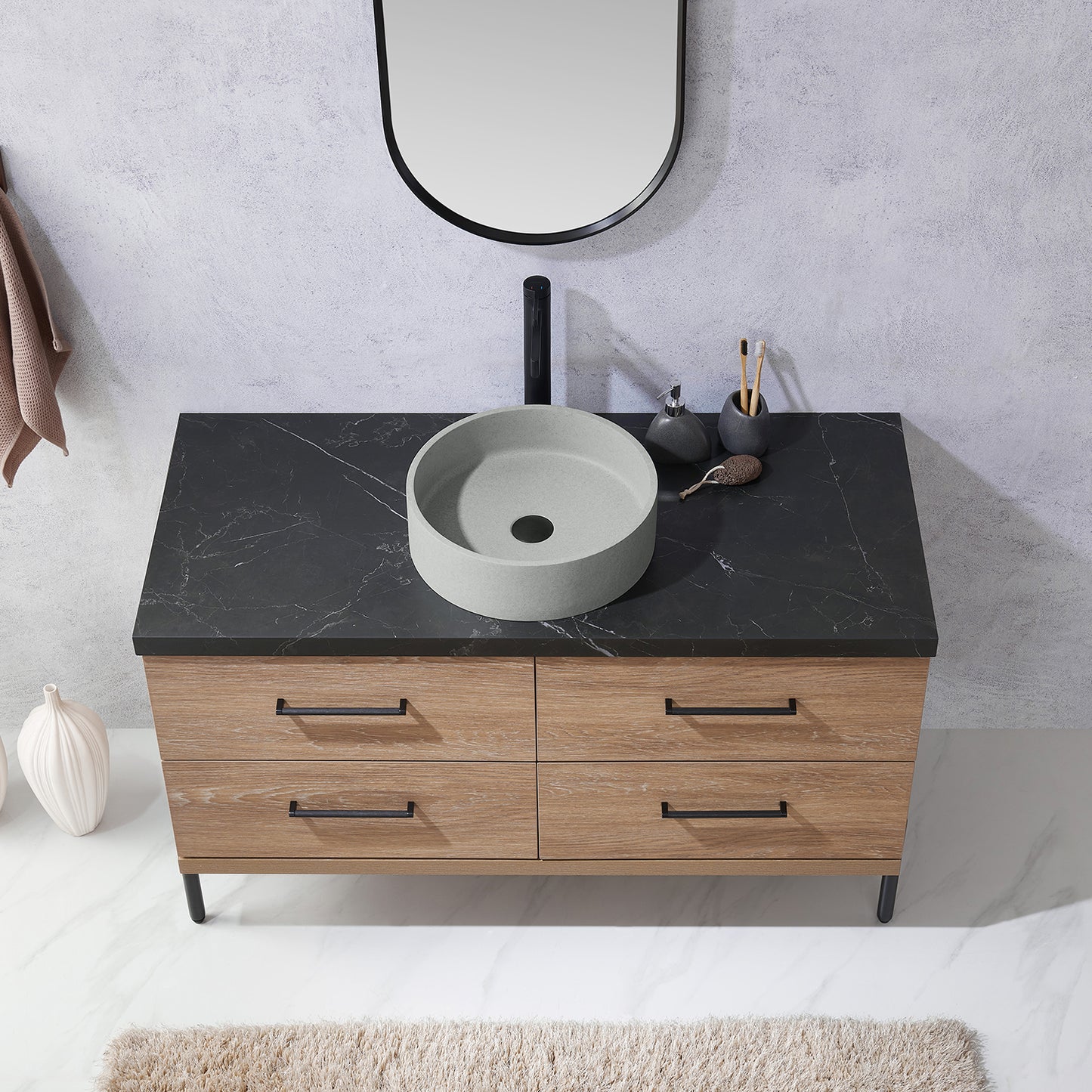 Vinnova, Trento 48" Single Sink Bath Vanity in North American Oak with Black Sintered Stone Top with Concrete Sink and Mirror