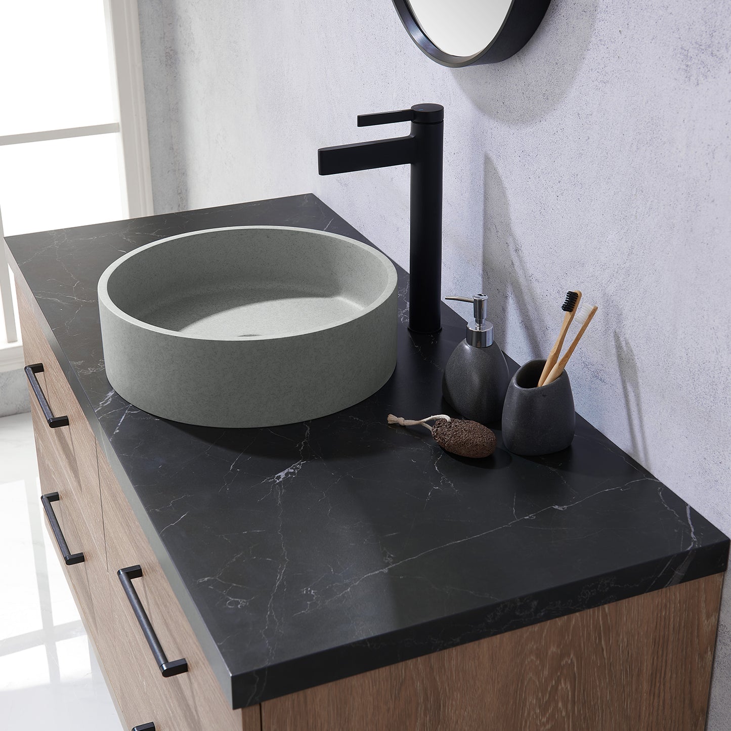 Vinnova, Trento 48" Single Sink Bath Vanity in North American Oak with Black Sintered Stone Top with Concrete Sink and Mirror