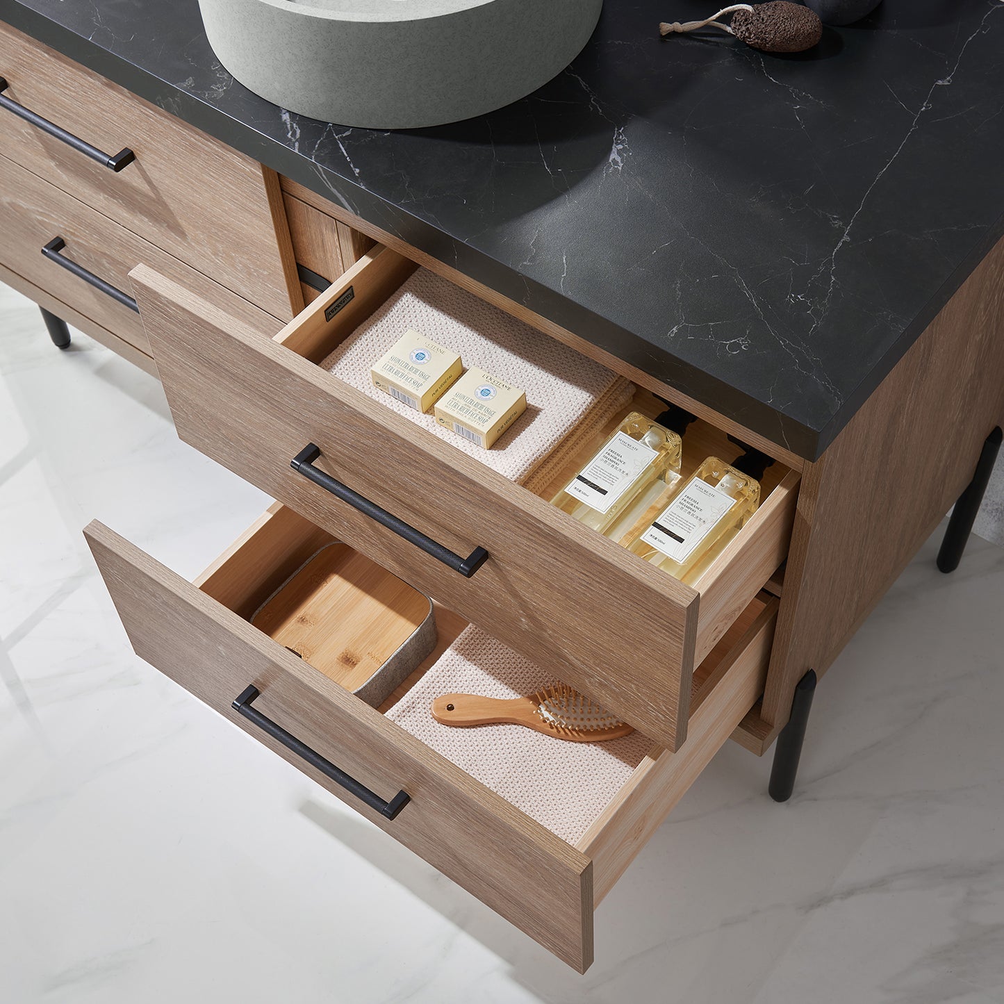 Vinnova, Trento 48" Single Sink Bath Vanity in North American Oak with Black Sintered Stone Top with Concrete Sink and Mirror