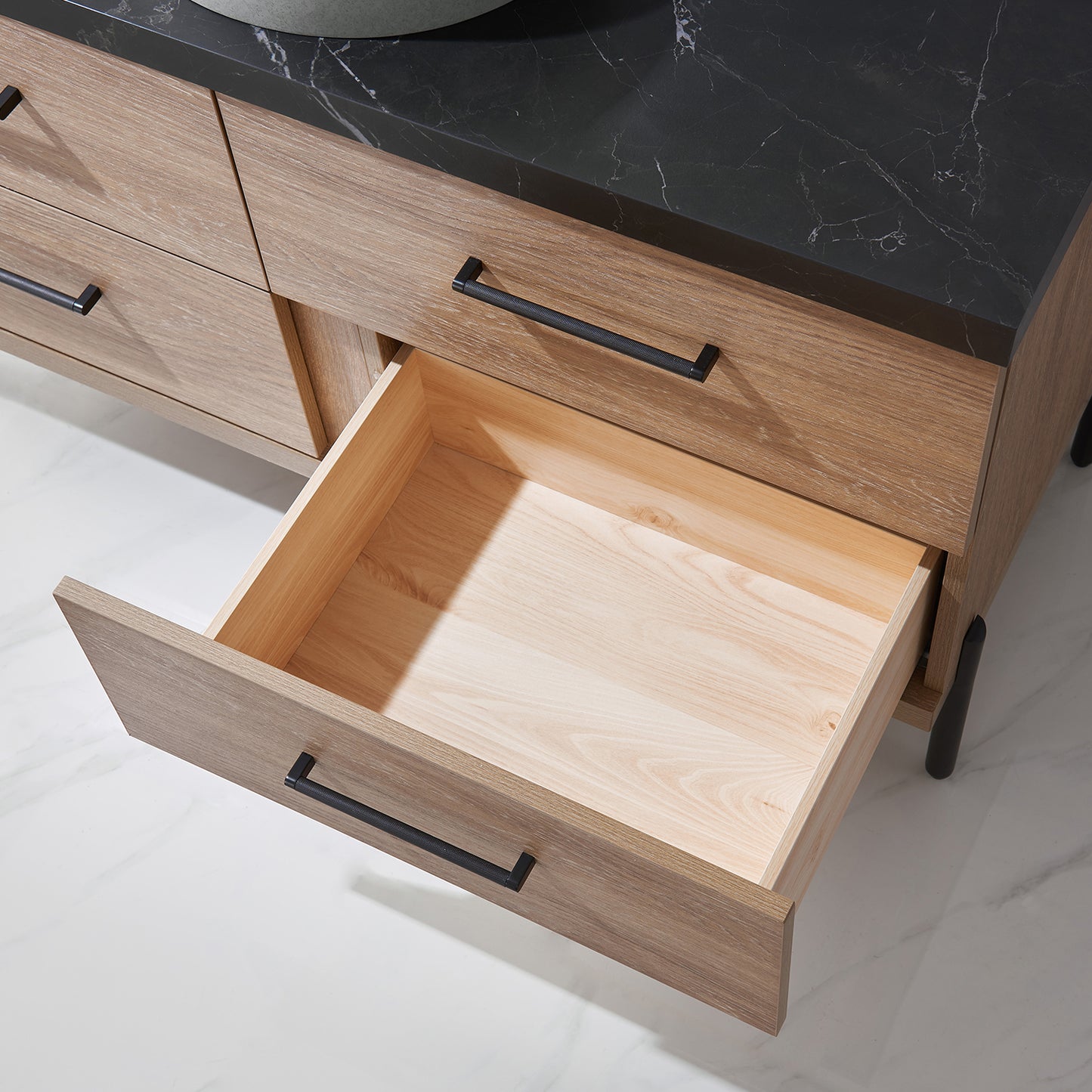 Vinnova, Trento 48" Single Sink Bath Vanity in North American Oak with Black Sintered Stone Top with Concrete Sink and Mirror