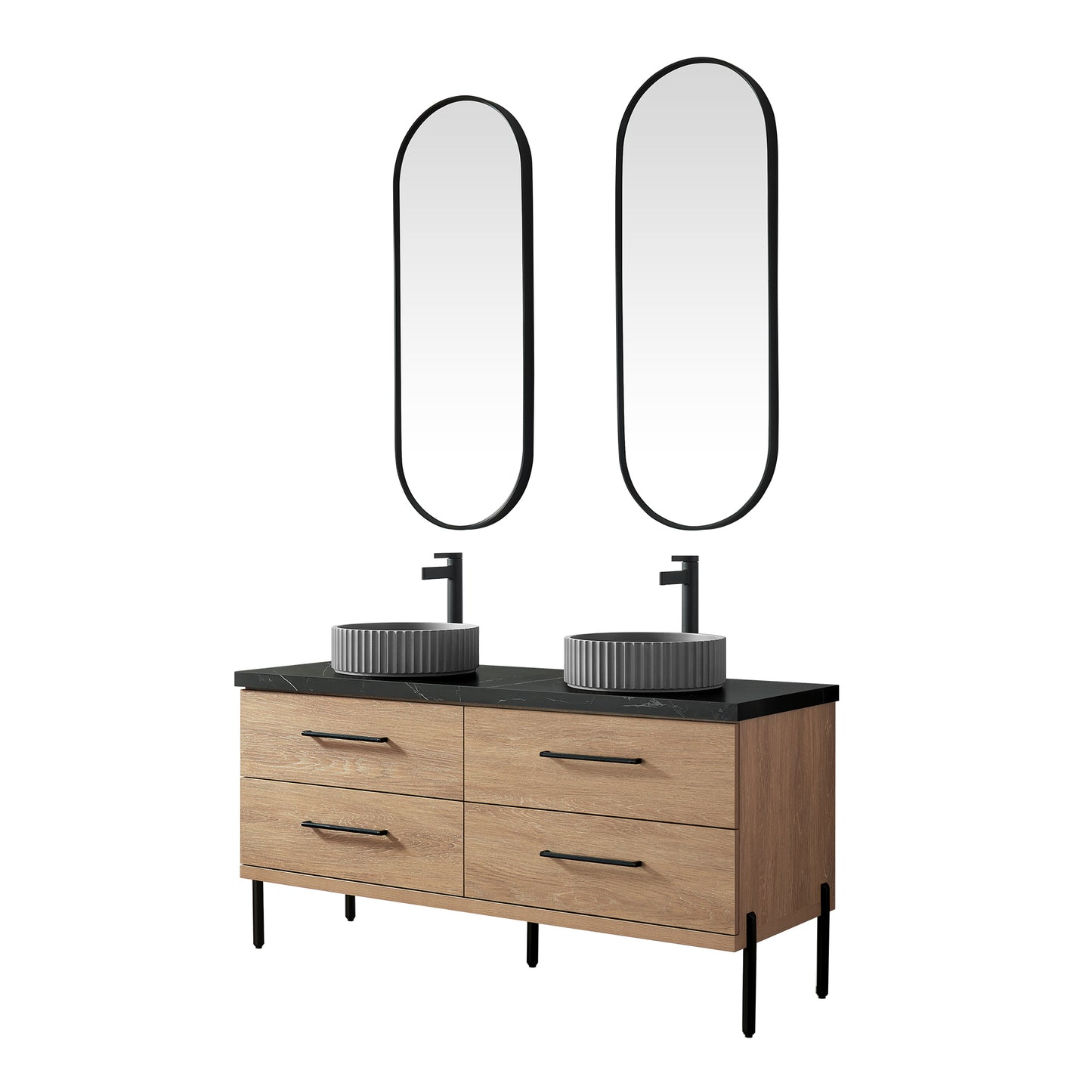 Vinnova, Trento 60B" Double Sink Bath Vanity in North American Oak with Black Sintered Stone Top with Concrete Sink and Mirror