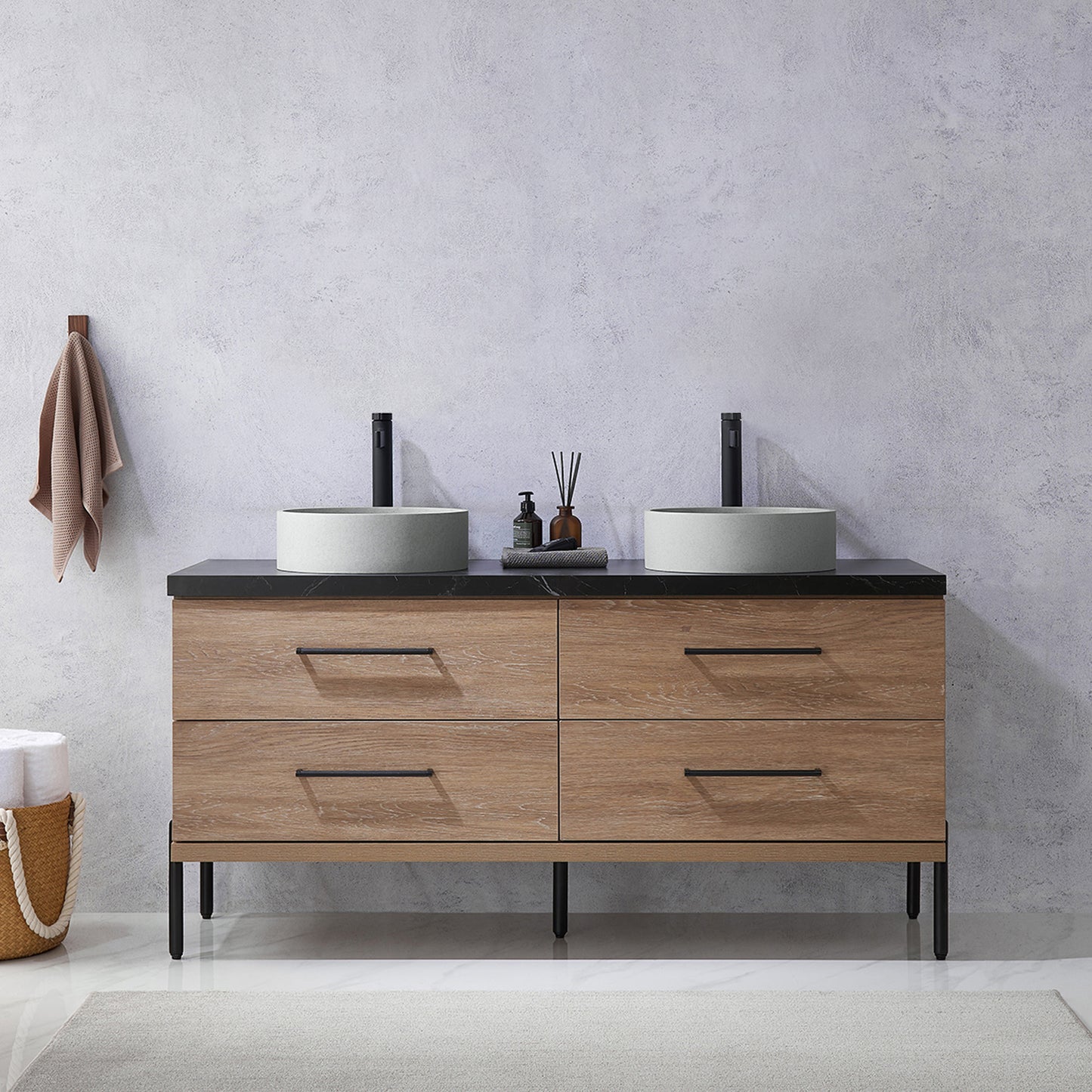 Vinnova, Trento 60" Double Sink Bath Vanity in North American Oak with Black Sintered Stone Top with Concrete Sink