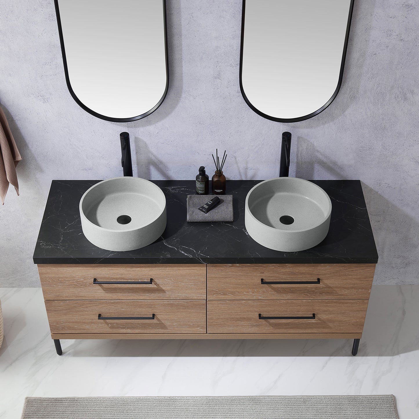 Vinnova, Trento 60" Double Sink Bath Vanity in North American Oak with Black Sintered Stone Top with Concrete Sink and Mirror