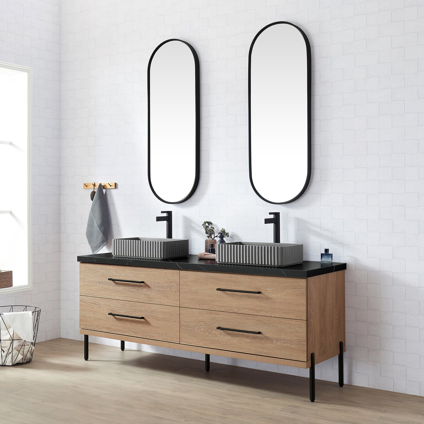 Vinnova, Trento 72A" Double Sink Bath Vanity in North American Oak with Black Sintered Stone Top with Concrete Sink and Mirror