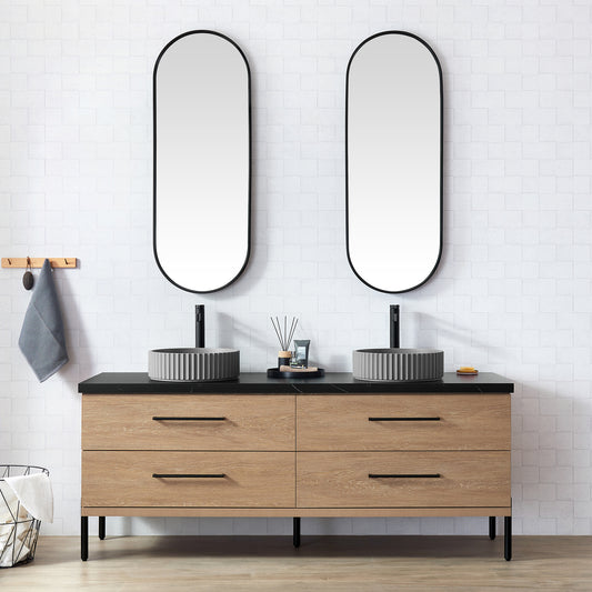 Vinnova, Trento 72B" Double Sink Bath Vanity in North American Oak with Black Sintered Stone Top with Concrete Sink