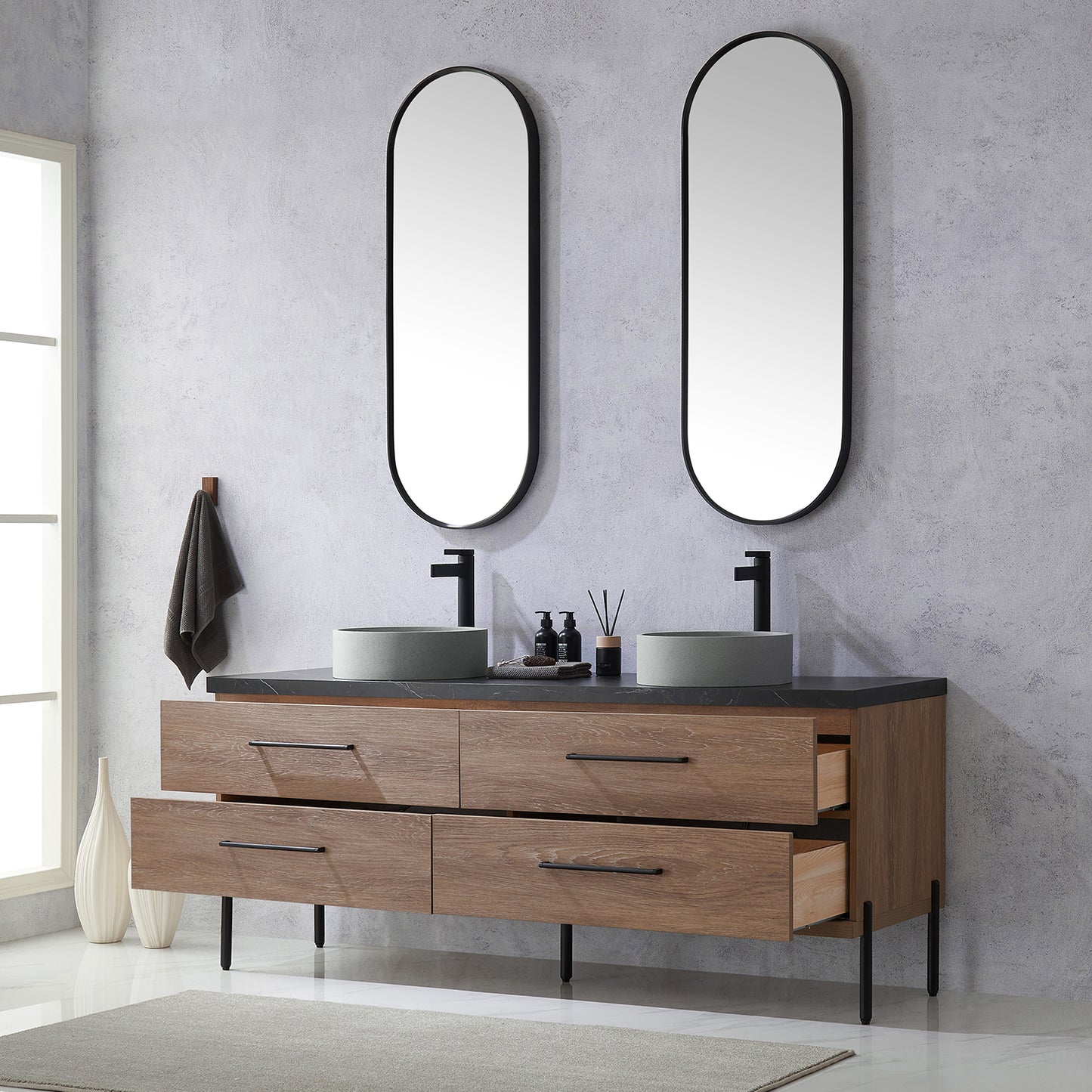 Vinnova, Trento 72" Double Sink Bath Vanity in North American Oak with Black Sintered Stone Top with Concrete Sink and Mirror