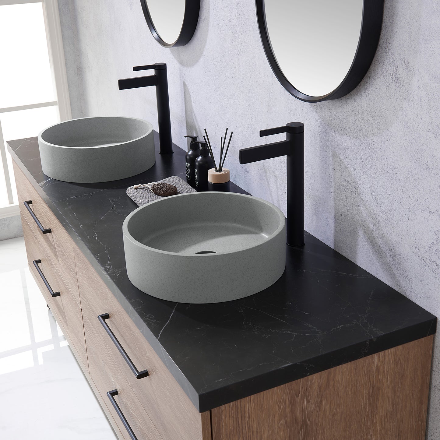 Vinnova, Trento 72" Double Sink Bath Vanity in North American Oak with Black Sintered Stone Top with Concrete Sink and Mirror