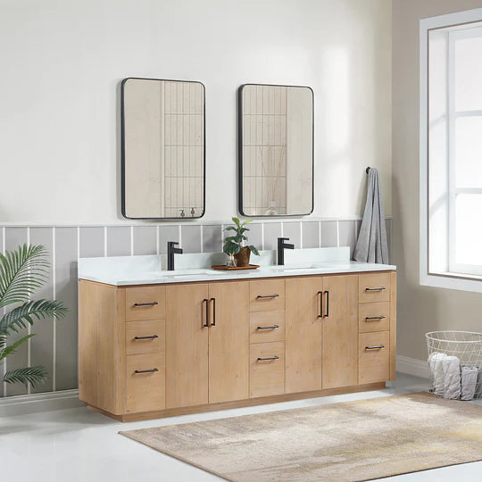 Vinnova, San 84" Free-standing Double Bath Vanity in Fir Wood Brown with White Grain Composite Stone Top and Mirror