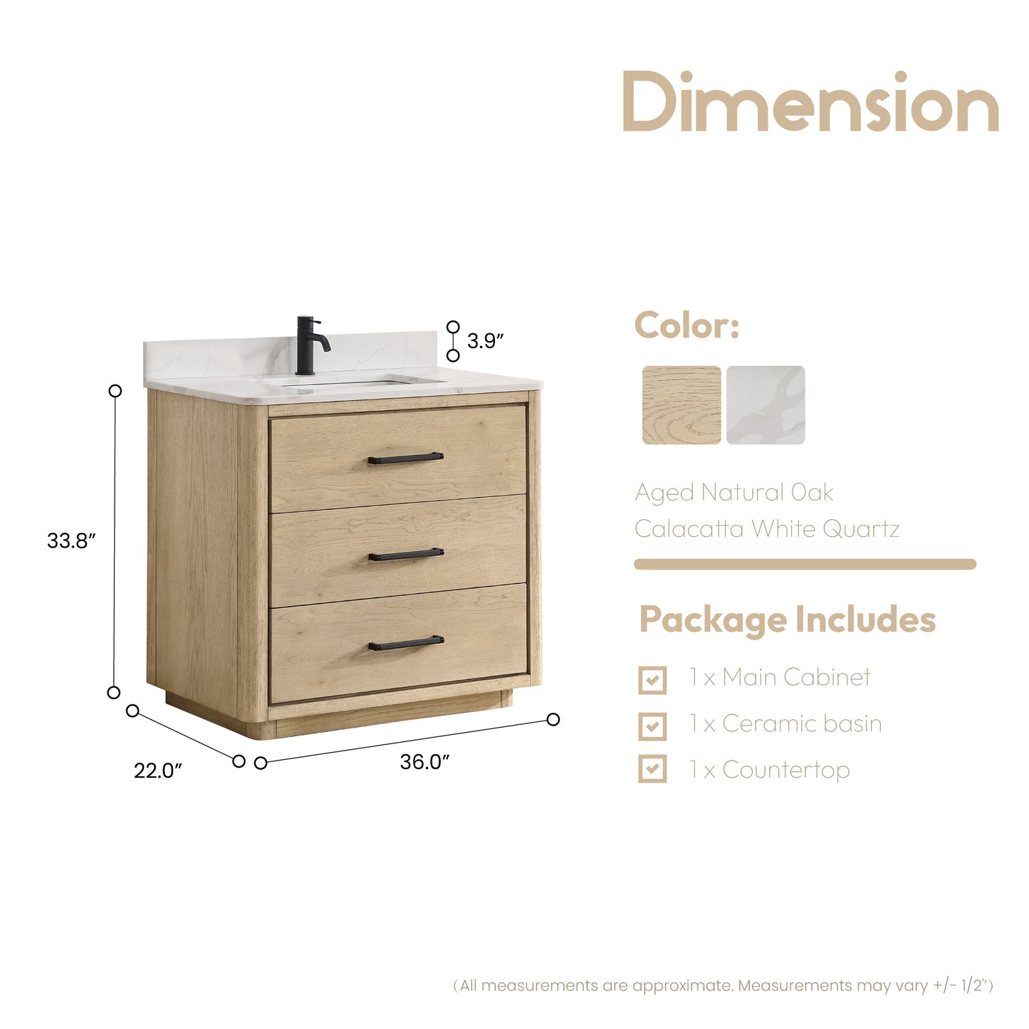Vinnova, Porto 36" Free-standing Single Bath Vanity in Aged Natural Oak with Fish Maw White Quartz Stone Top