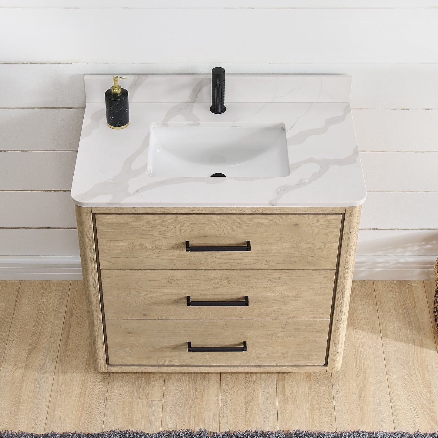 Vinnova, Porto 36" Free-standing Single Bath Vanity in Aged Natural Oak with Fish Maw White Quartz Stone Top