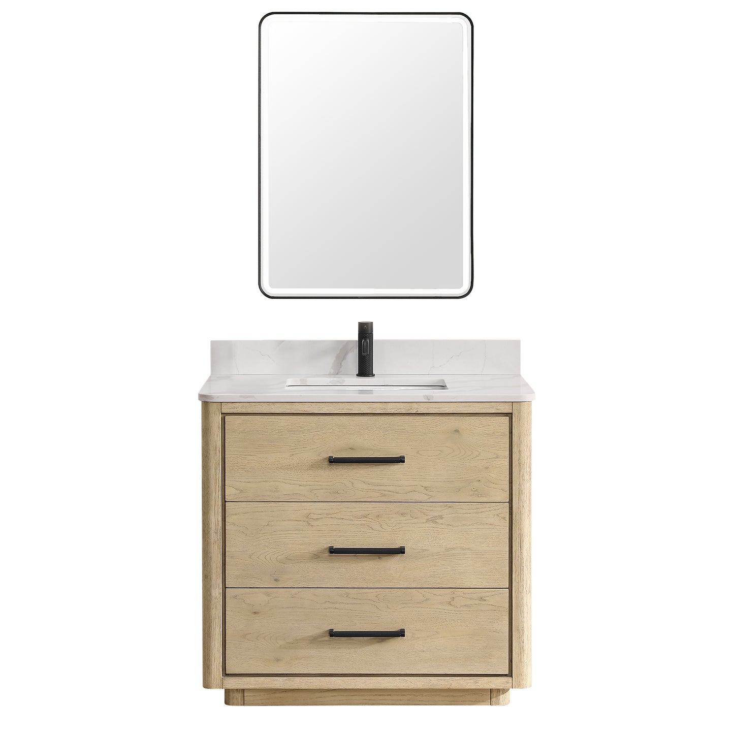 Vinnova, Porto 36" Free-standing Single Bath Vanity in Aged Natural Oak with Fish Maw White Quartz Stone Top and Mirror
