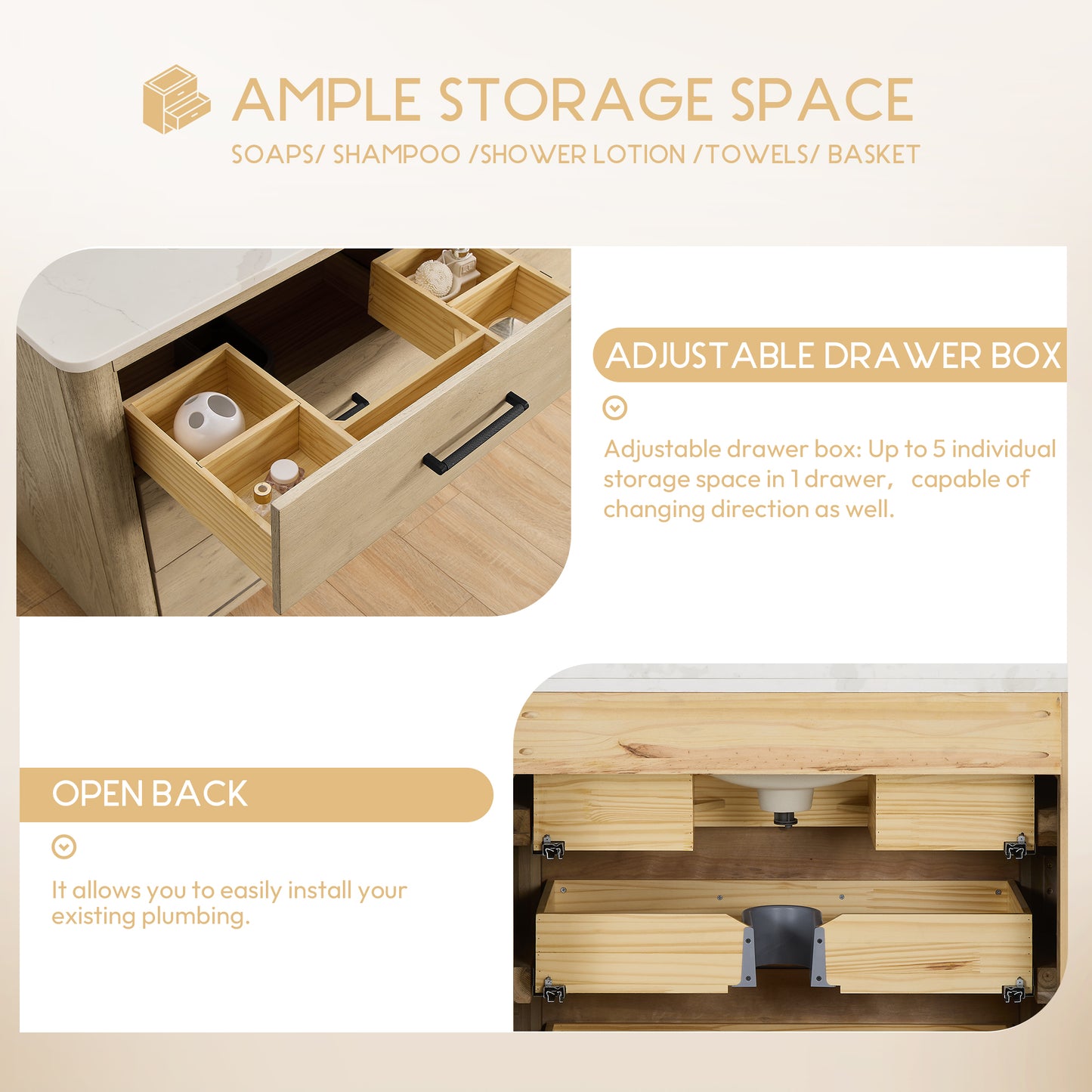 Vinnova, Porto 36" Free-standing Single Bath Vanity in Aged Natural Oak with Fish Maw White Quartz Stone Top and Mirror