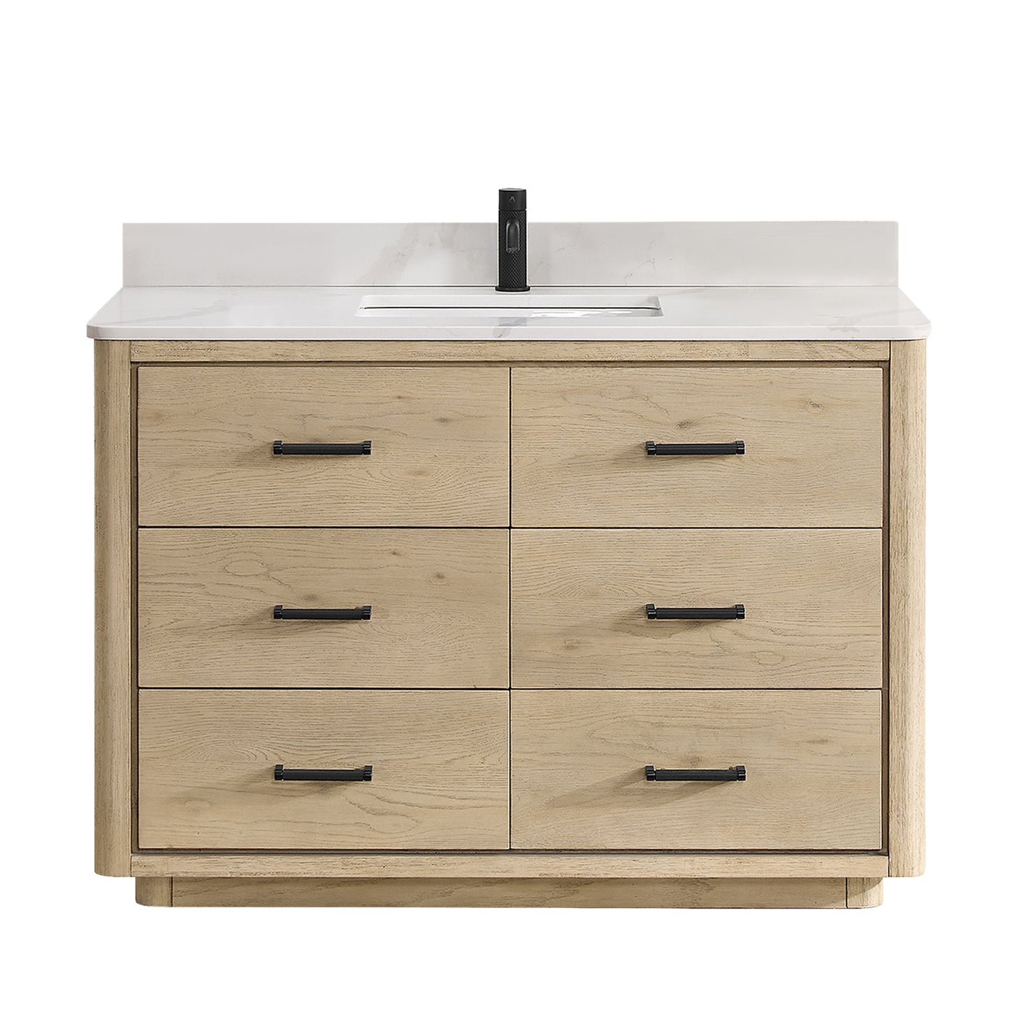 Vinnova, Porto 48" Free-standing Single Bath Vanity in Aged Natural Oak with Fish Maw White Quartz Stone Top