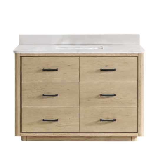 Vinnova, Porto 48" Free-standing Single Bath Vanity in Aged Natural Oak with Fish Maw White Quartz Stone Top