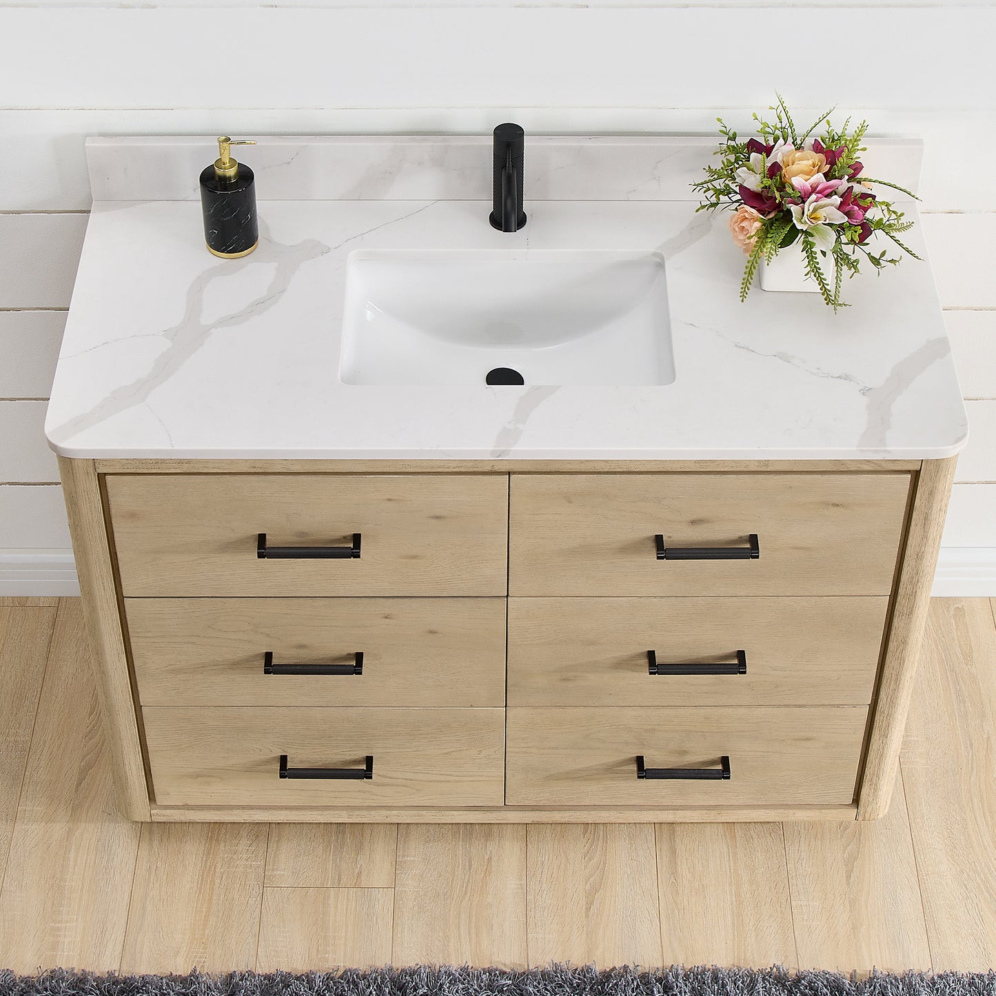 Vinnova, Porto 48" Free-standing Single Bath Vanity in Aged Natural Oak with Fish Maw White Quartz Stone Top