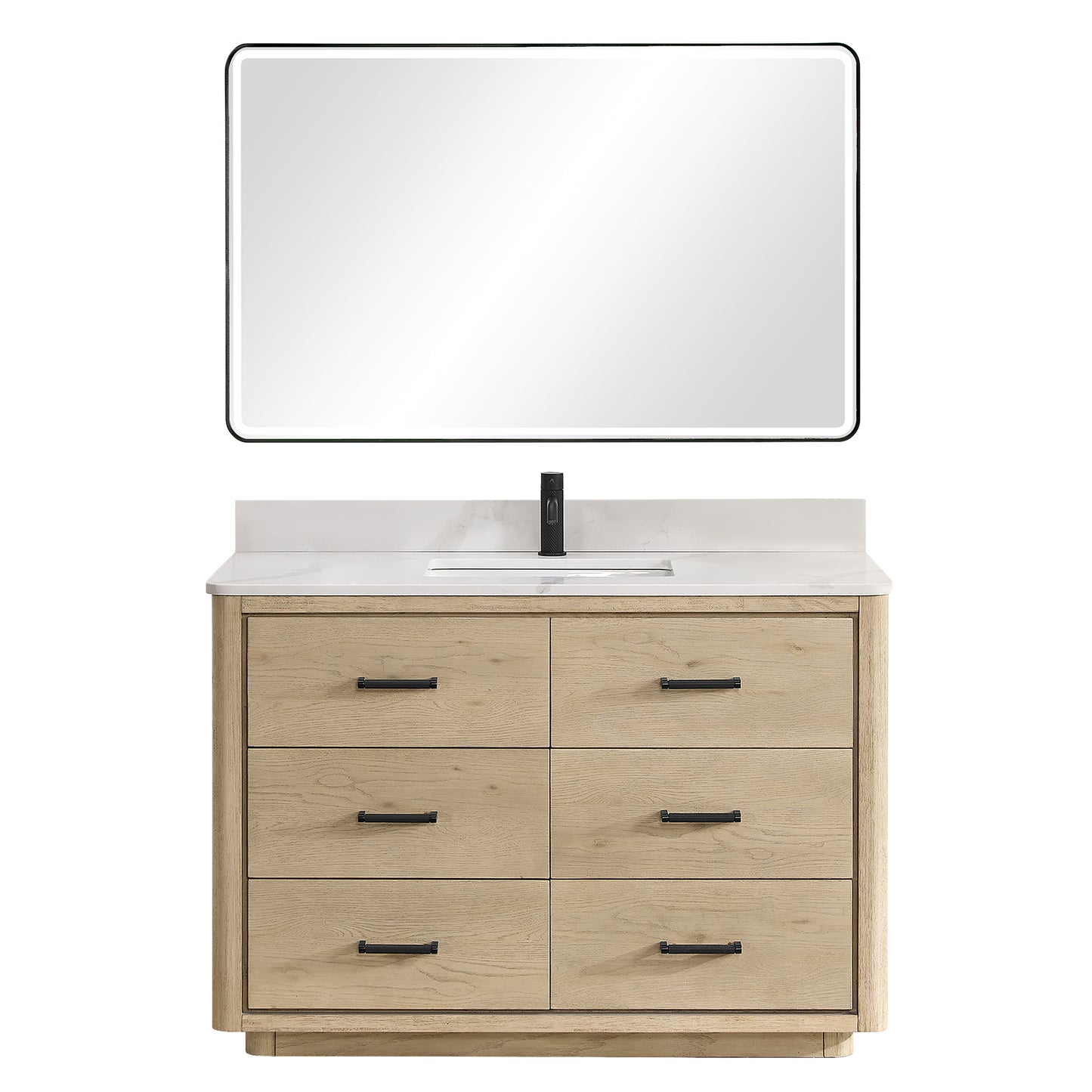 Vinnova, Porto 48" Free-standing Single Bath Vanity in Aged Natural Oak with Fish Maw White Quartz Stone Top and Mirror