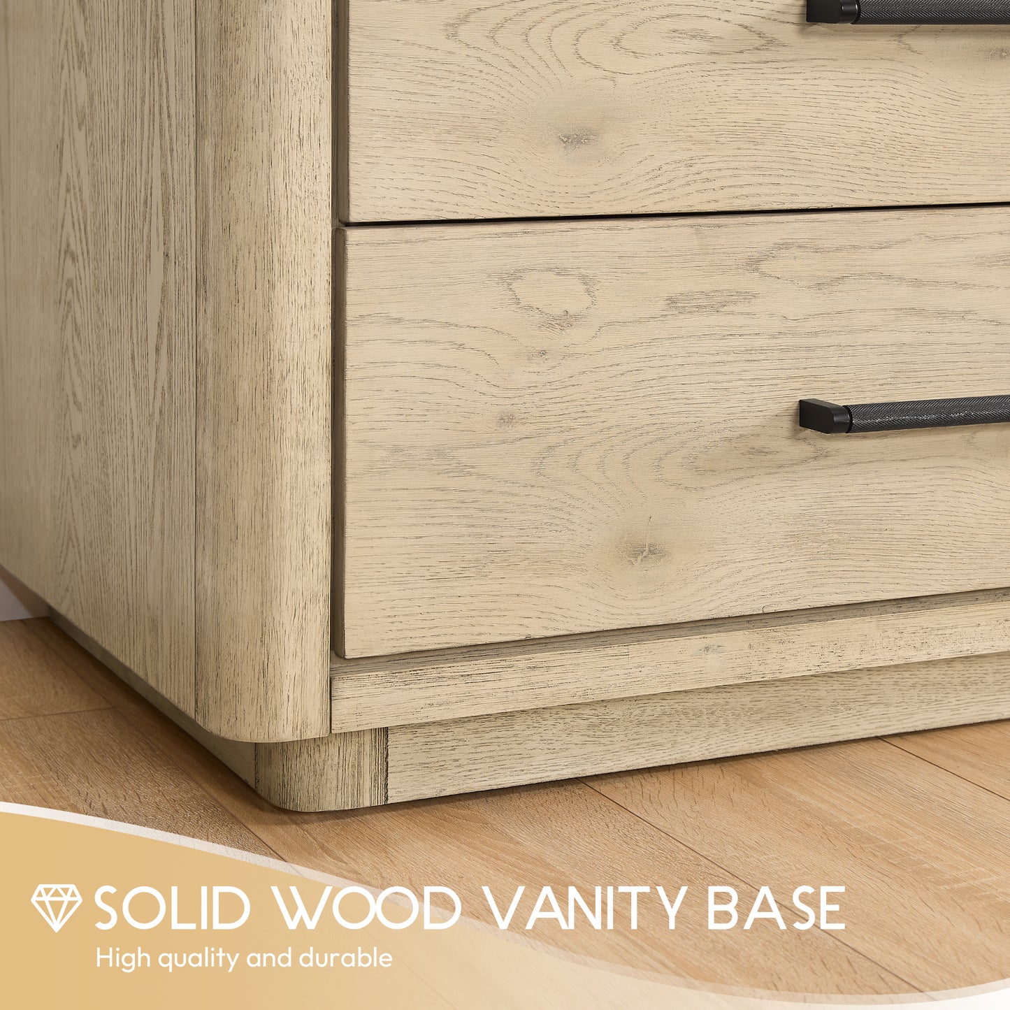 Vinnova, Porto 48" Free-standing Single Bath Vanity in Aged Natural Oak with Fish Maw White Quartz Stone Top and Mirror