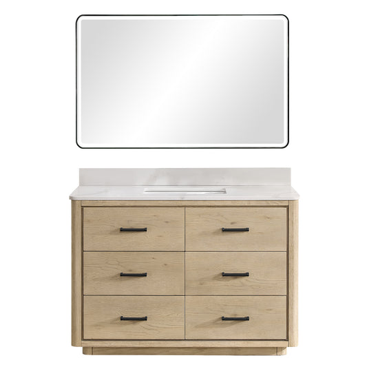 Vinnova, Porto 48" Free-standing Single Bath Vanity in Aged Natural Oak with Fish Maw White Quartz Stone Top and Mirror