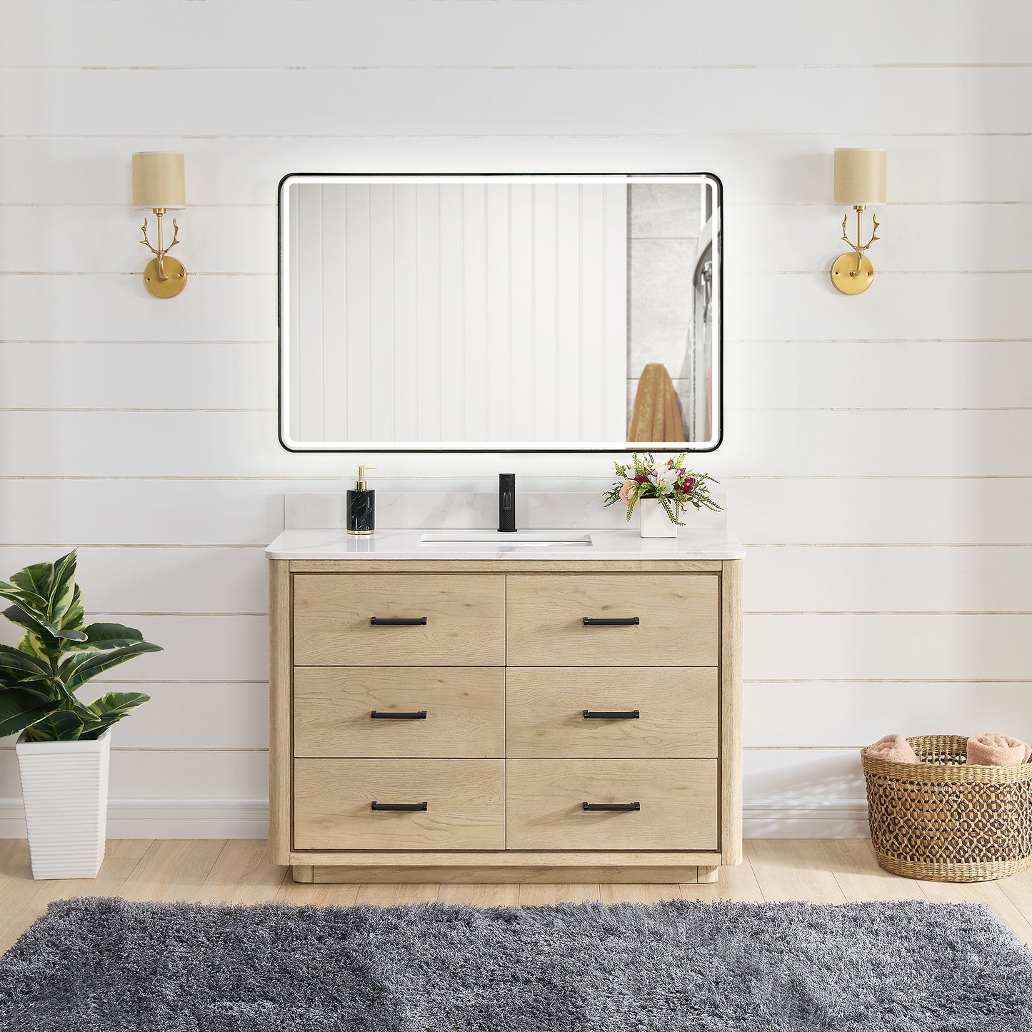 Vinnova, Porto 48" Free-standing Single Bath Vanity in Aged Natural Oak with Fish Maw White Quartz Stone Top and Mirror